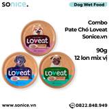  Combo Pate chó LoveEat Chicken, Tuna, Salmon & Beef 90g - 12 lon mix vị SONICE. 