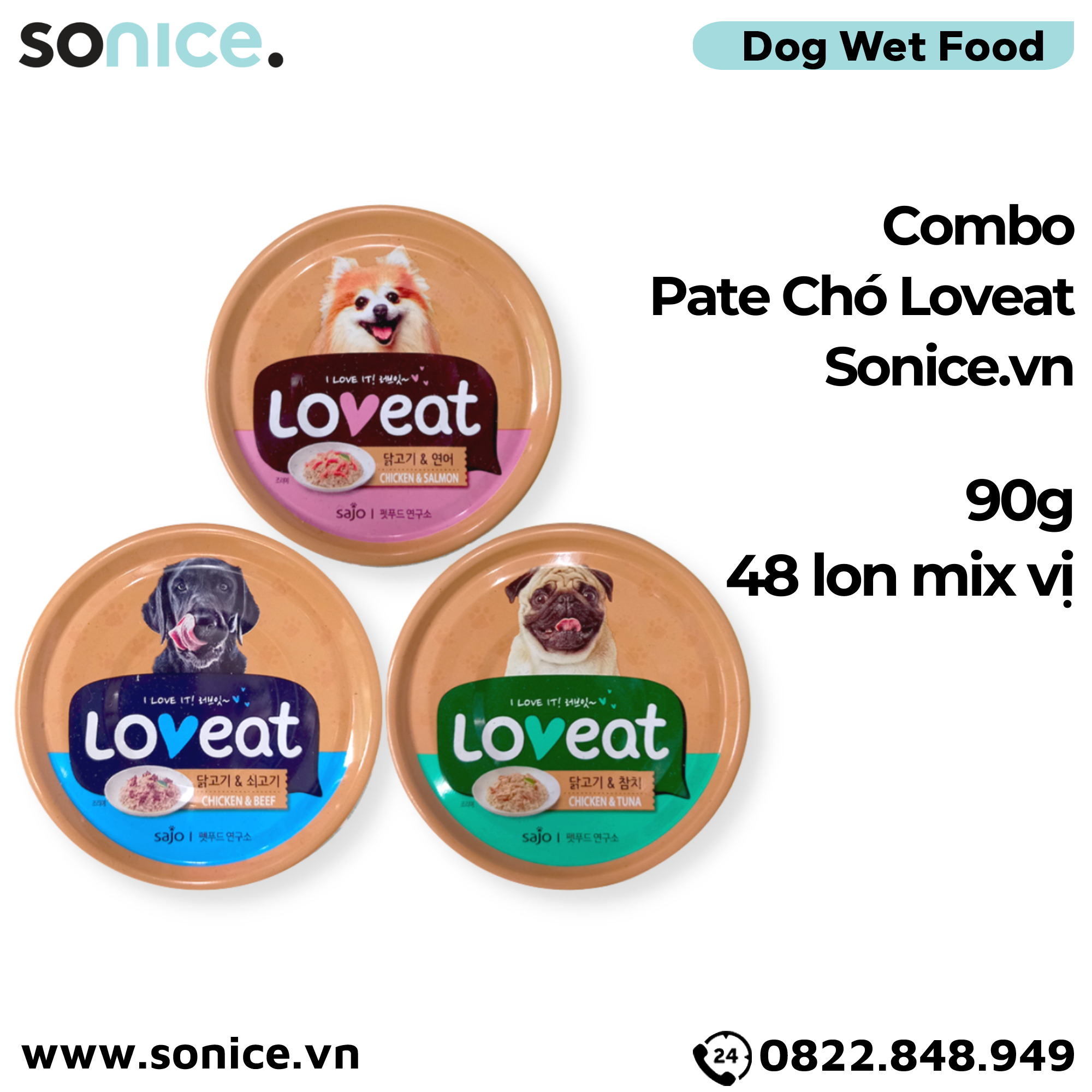 Combo Pate chó LoveEat Chicken, Tuna, Salmon & Beef 90g - 48 lon mix vị SONICE.