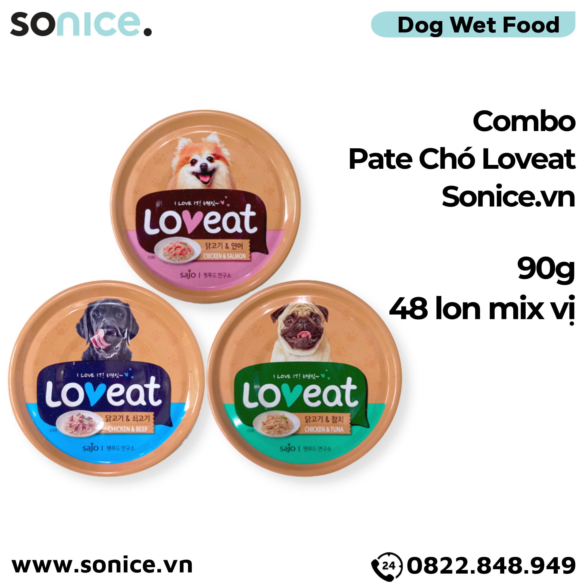  Combo Pate chó LoveEat Chicken, Tuna, Salmon & Beef 90g - 48 lon mix vị SONICE. 