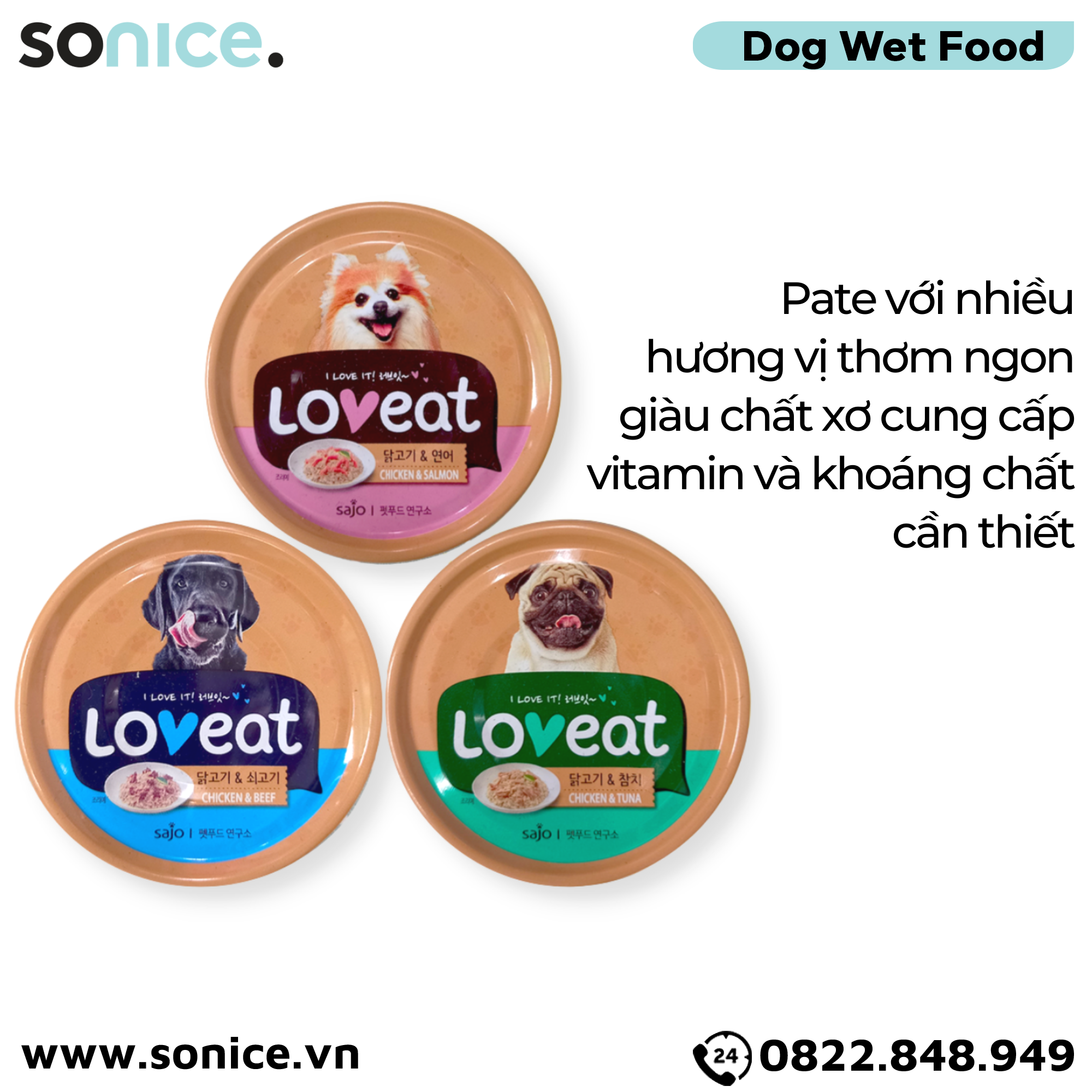 Combo Pate chó LoveEat Chicken, Tuna, Salmon & Beef 90g - 12 lon mix vị SONICE.