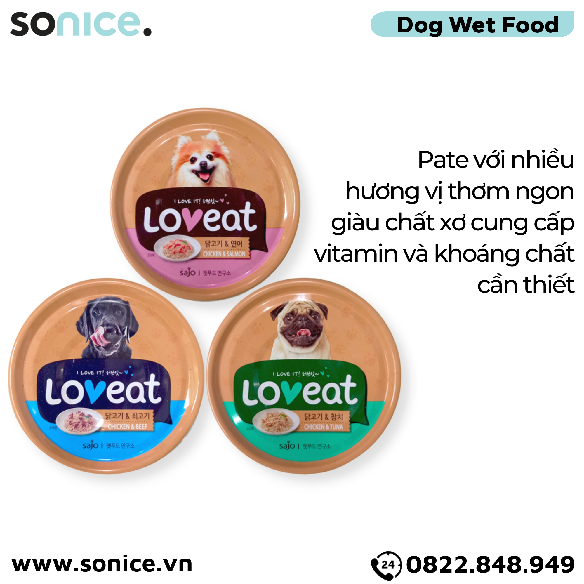  Combo Pate chó LoveEat Chicken, Tuna, Salmon & Beef 90g - 12 lon mix vị SONICE. 