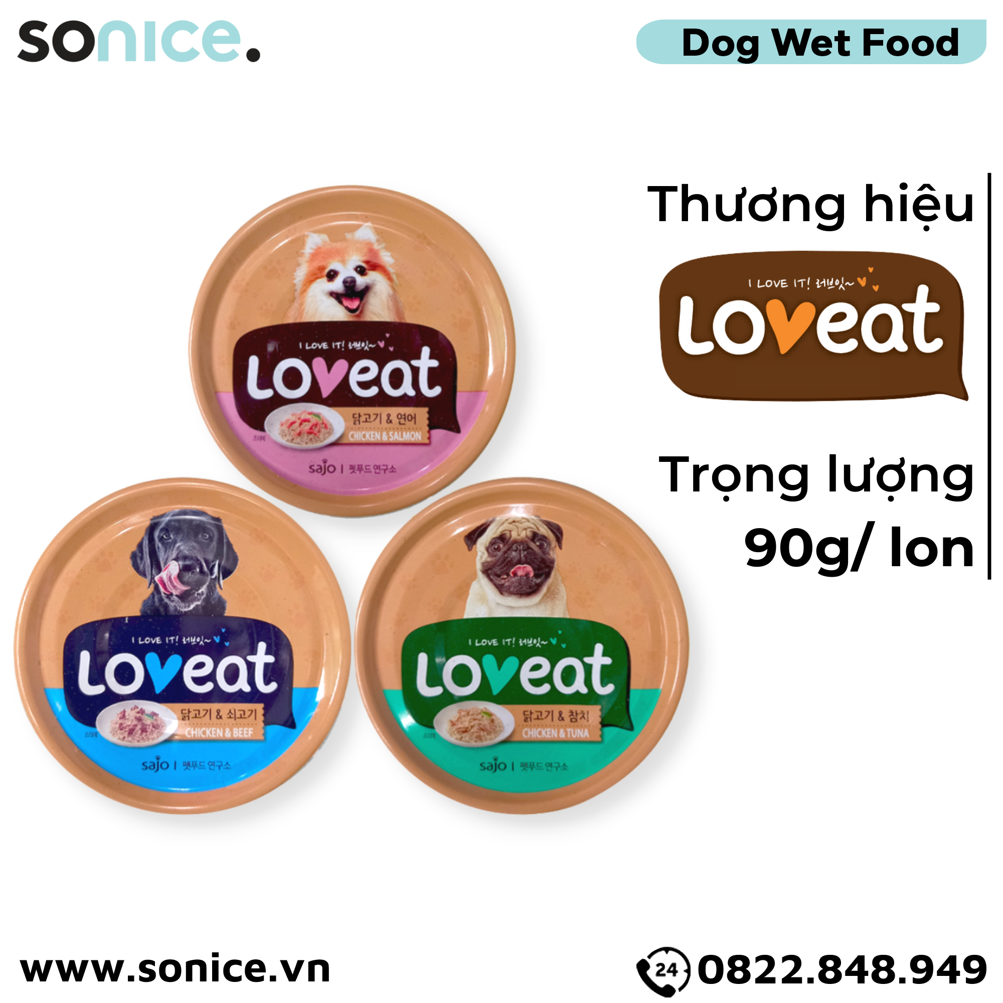  Combo Pate chó LoveEat Chicken, Tuna, Salmon & Beef 90g - 48 lon mix vị SONICE. 