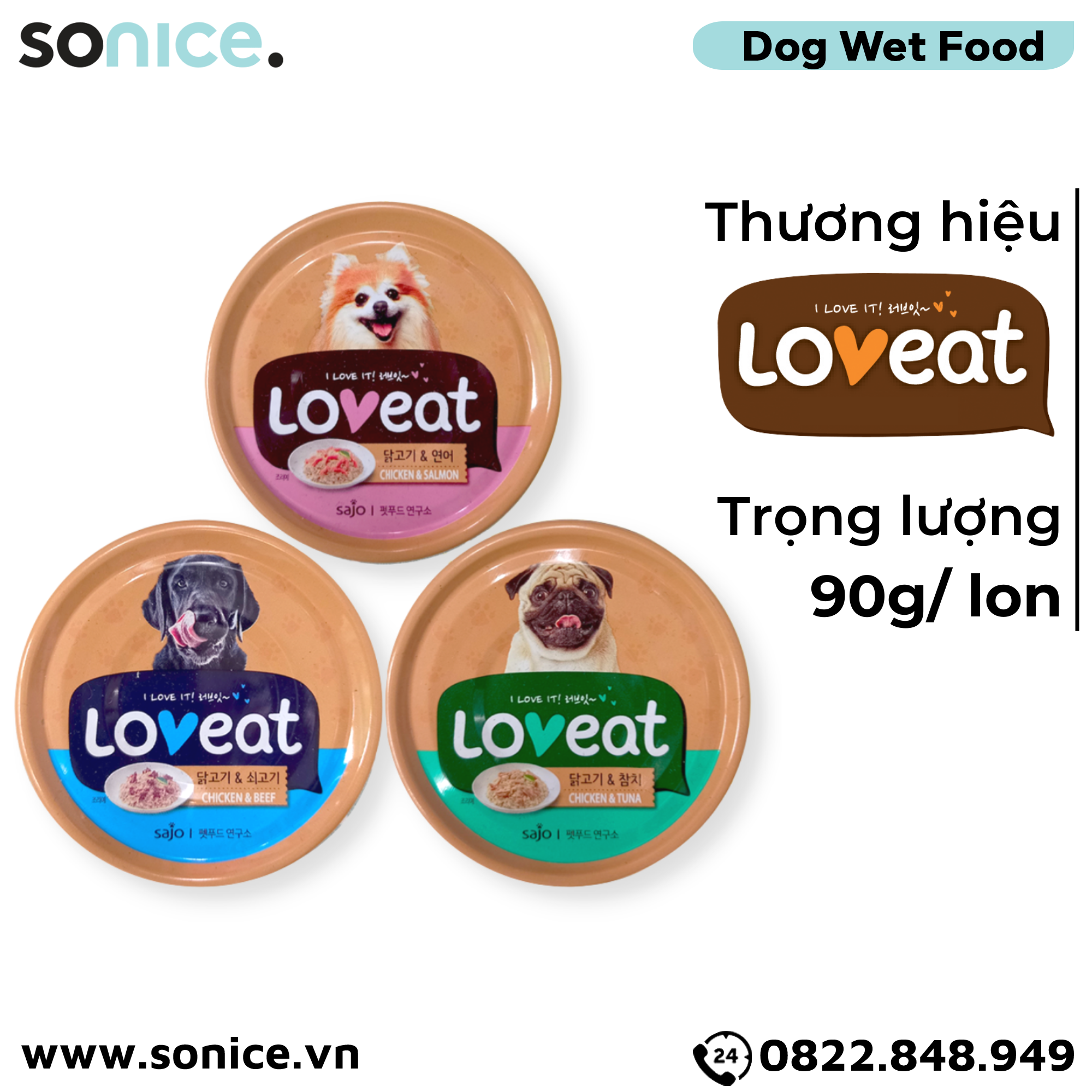 Combo Pate chó LoveEat Chicken, Tuna, Salmon & Beef 90g - 12 lon mix vị SONICE.