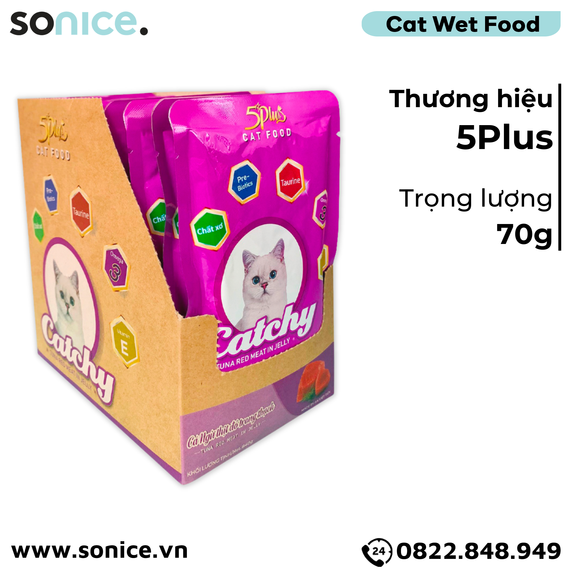 Pate mèo 5Plus Catchy Tuna Red Meat in Jelly 70g - Hộp 12 gói SONICE.