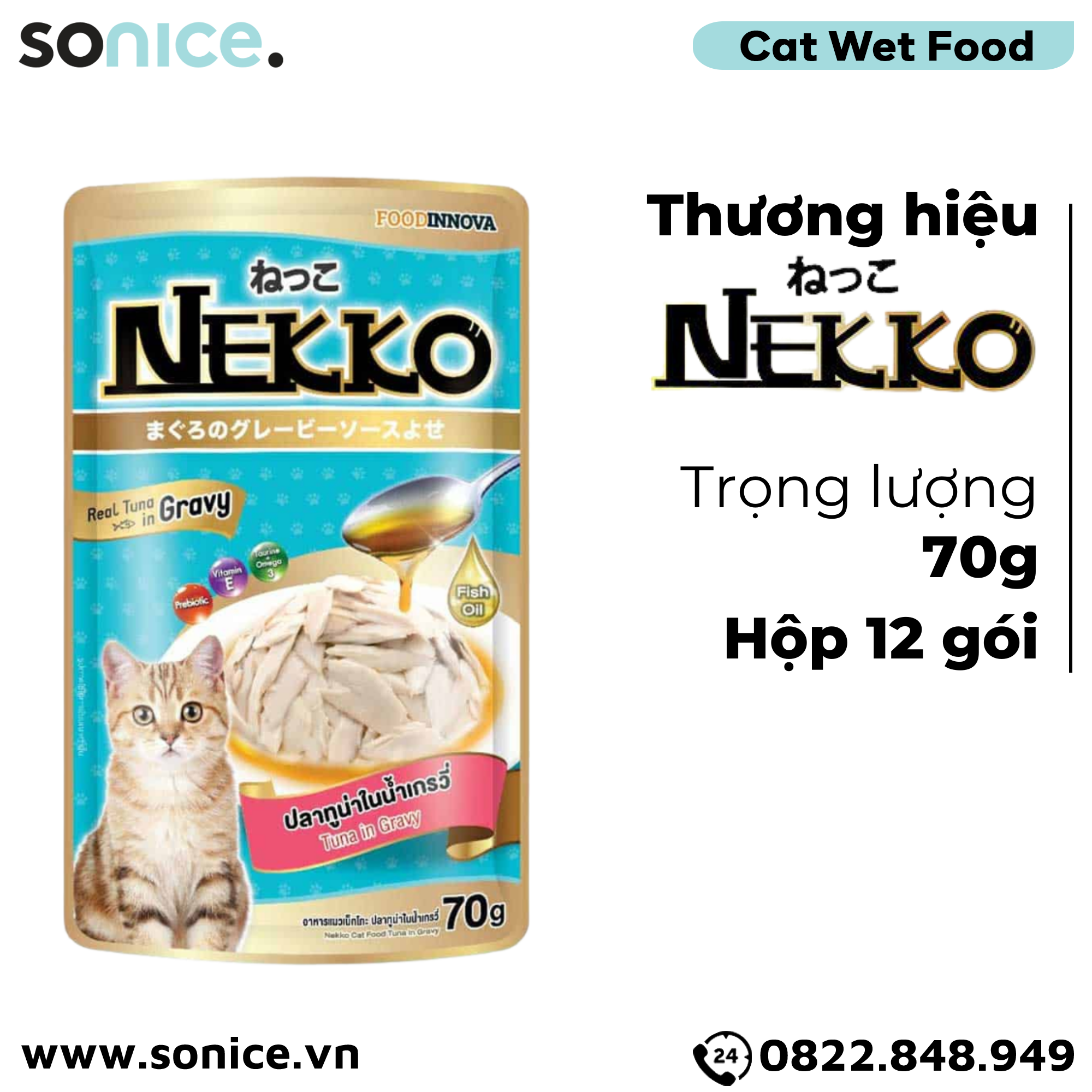 Pate mèo NEKKO GRAVY Cá Ngừ 70g - 1 hộp 12 gói SONICE.