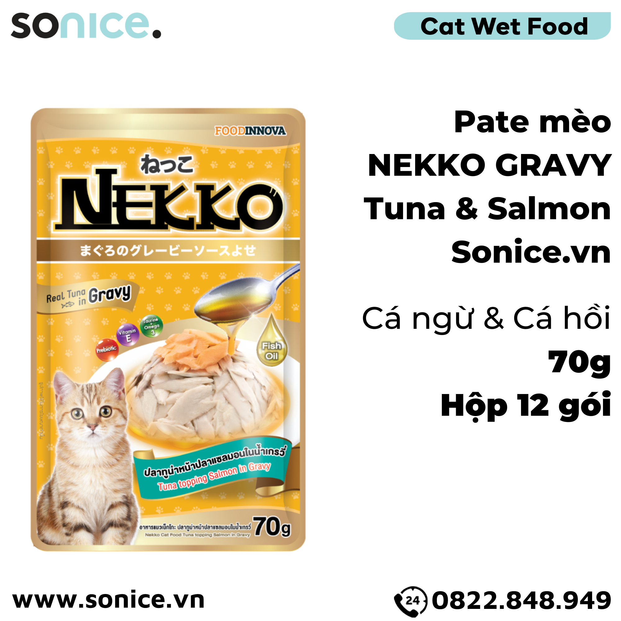 Pate mèo NEKKO GRAVY Tuna & Salmon 70g - Cá ngừ và Cá hồi - Hộp 12 gói SONICE.