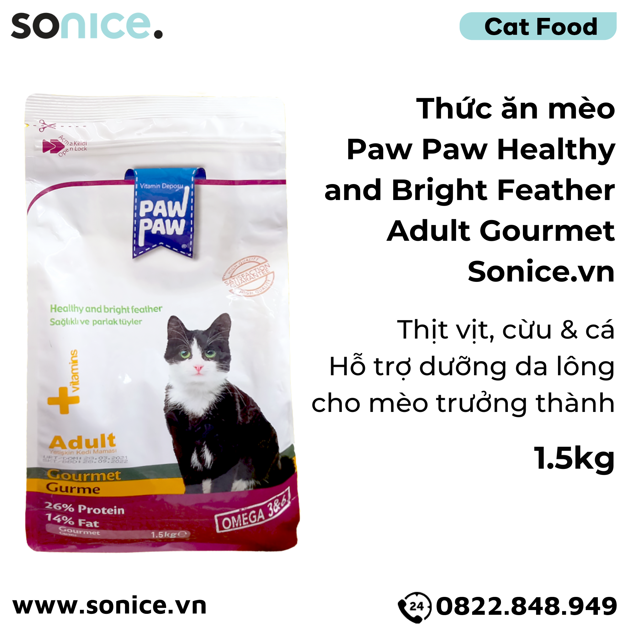 Thức ăn mèo Paw Paw Healthy and Bright Feather Adult Gourmet 1.5kg - Thịt vịt, cừu & cá - Hỗ trợ dưỡng da lông cho mèo trưởng thành SONICE.
