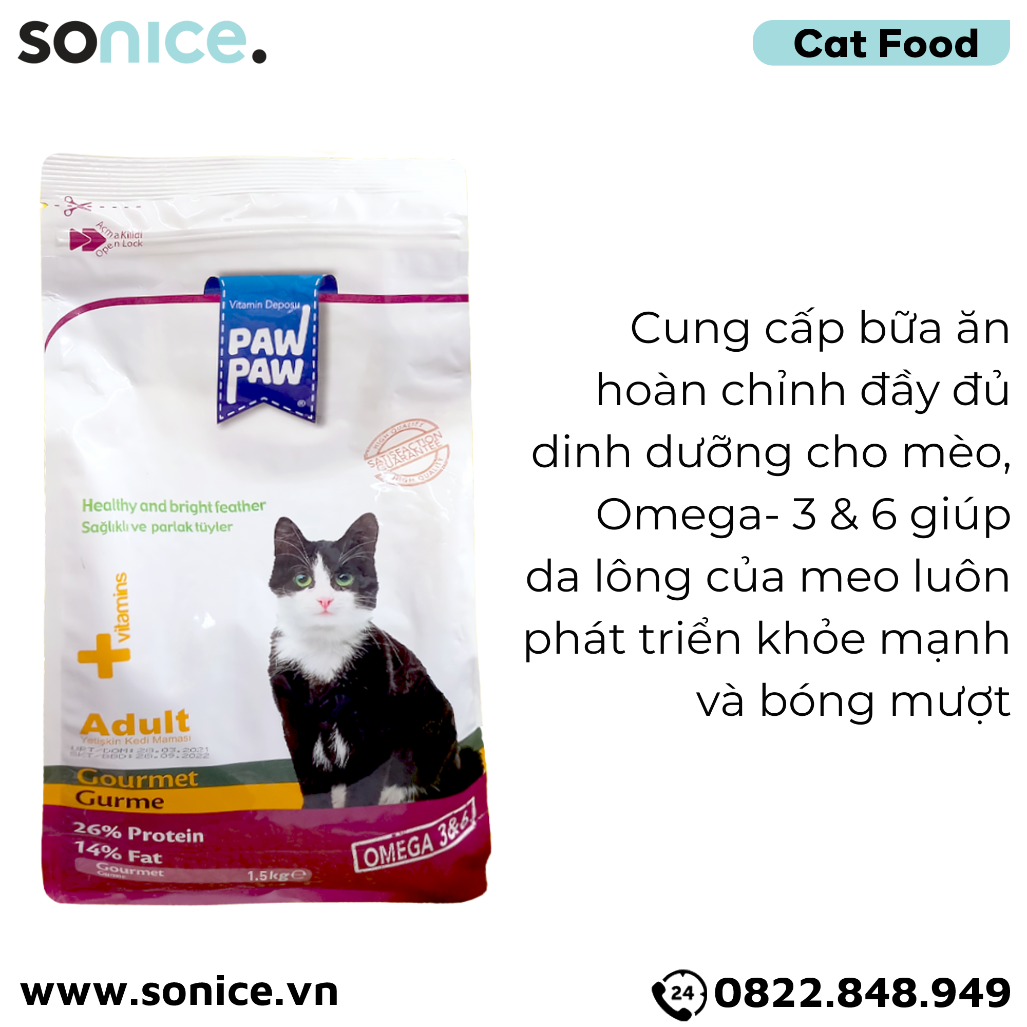 Thức ăn mèo Paw Paw Healthy and Bright Feather Adult Gourmet 1.5kg - Thịt vịt, cừu & cá - Hỗ trợ dưỡng da lông cho mèo trưởng thành SONICE.