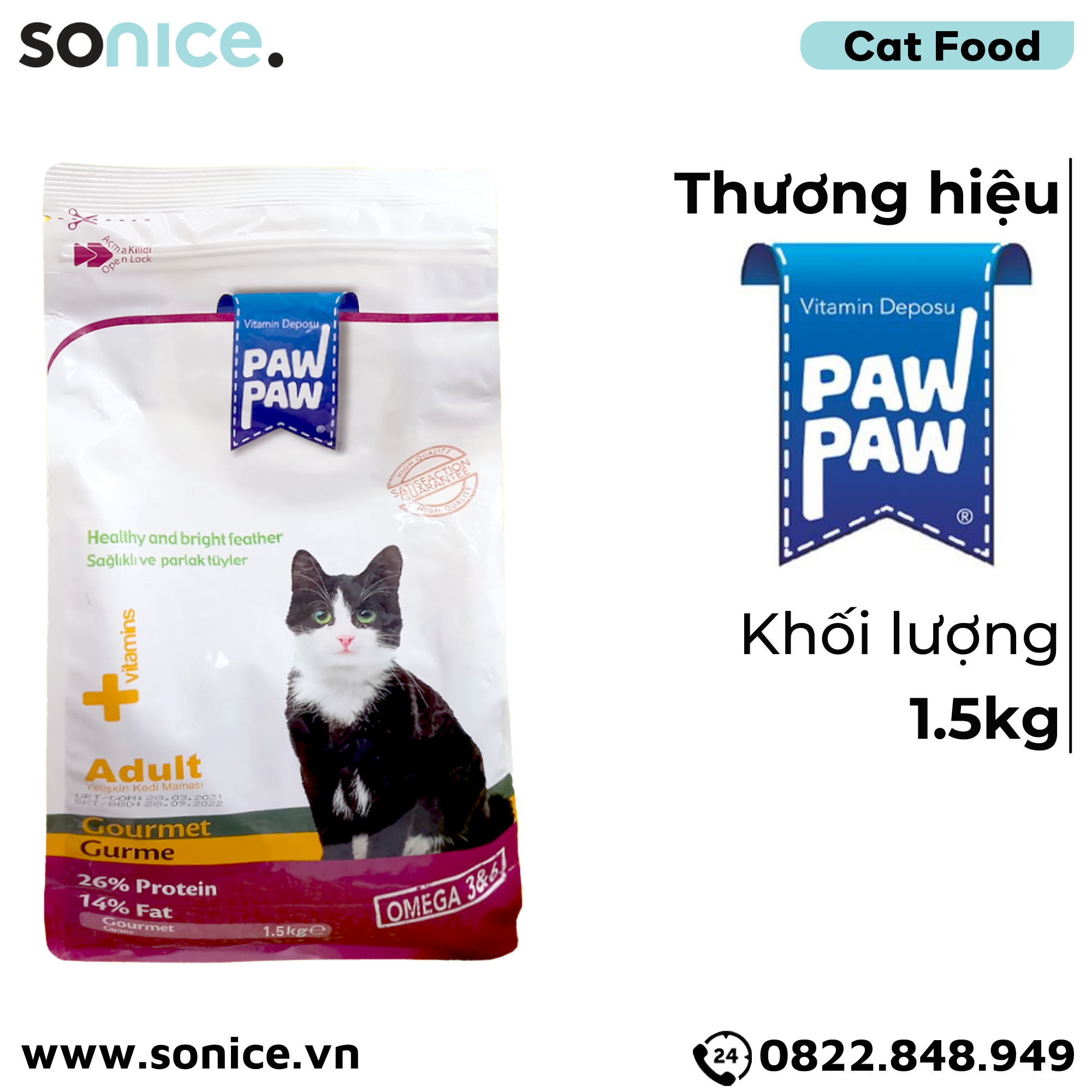 Thức ăn mèo Paw Paw Healthy and Bright Feather Adult Gourmet 1.5kg - Thịt vịt, cừu & cá - Hỗ trợ dưỡng da lông cho mèo trưởng thành SONICE.