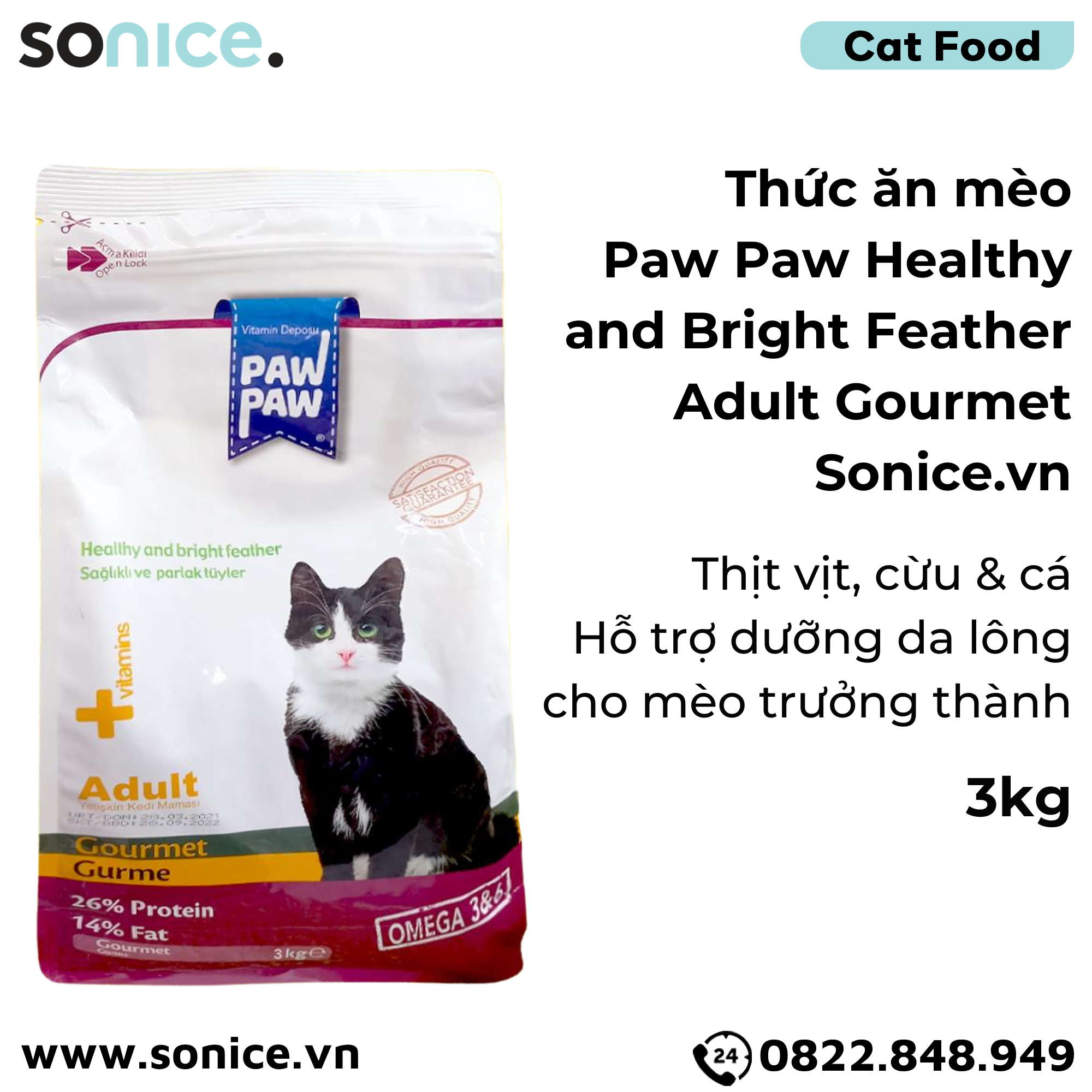 Thức ăn mèo Paw Paw Healthy and Bright Feather Adult Gourmet 3kg - Thịt vịt, cừu & cá - Hỗ trợ dưỡng da lông cho mèo trưởng thành SONICE.