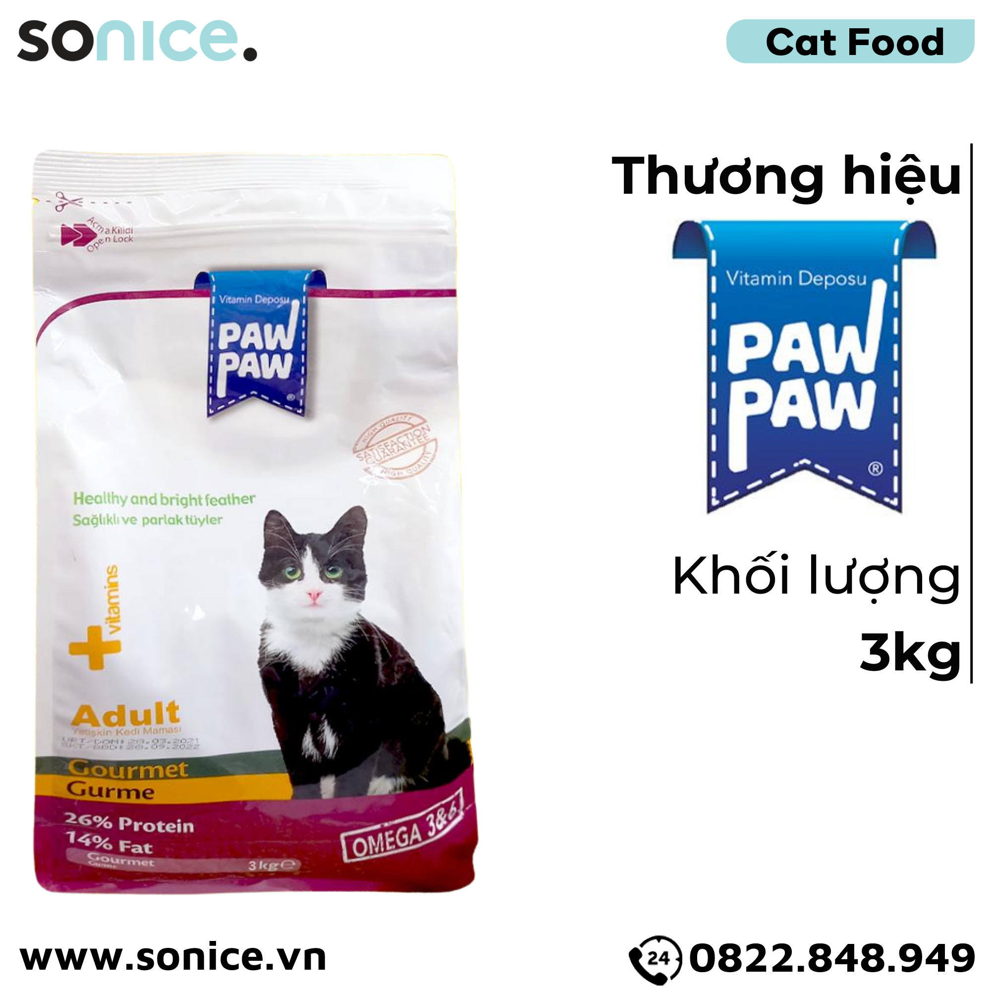 Thức ăn mèo Paw Paw Healthy and Bright Feather Adult Gourmet 3kg - Thịt vịt, cừu & cá - Hỗ trợ dưỡng da lông cho mèo trưởng thành SONICE.