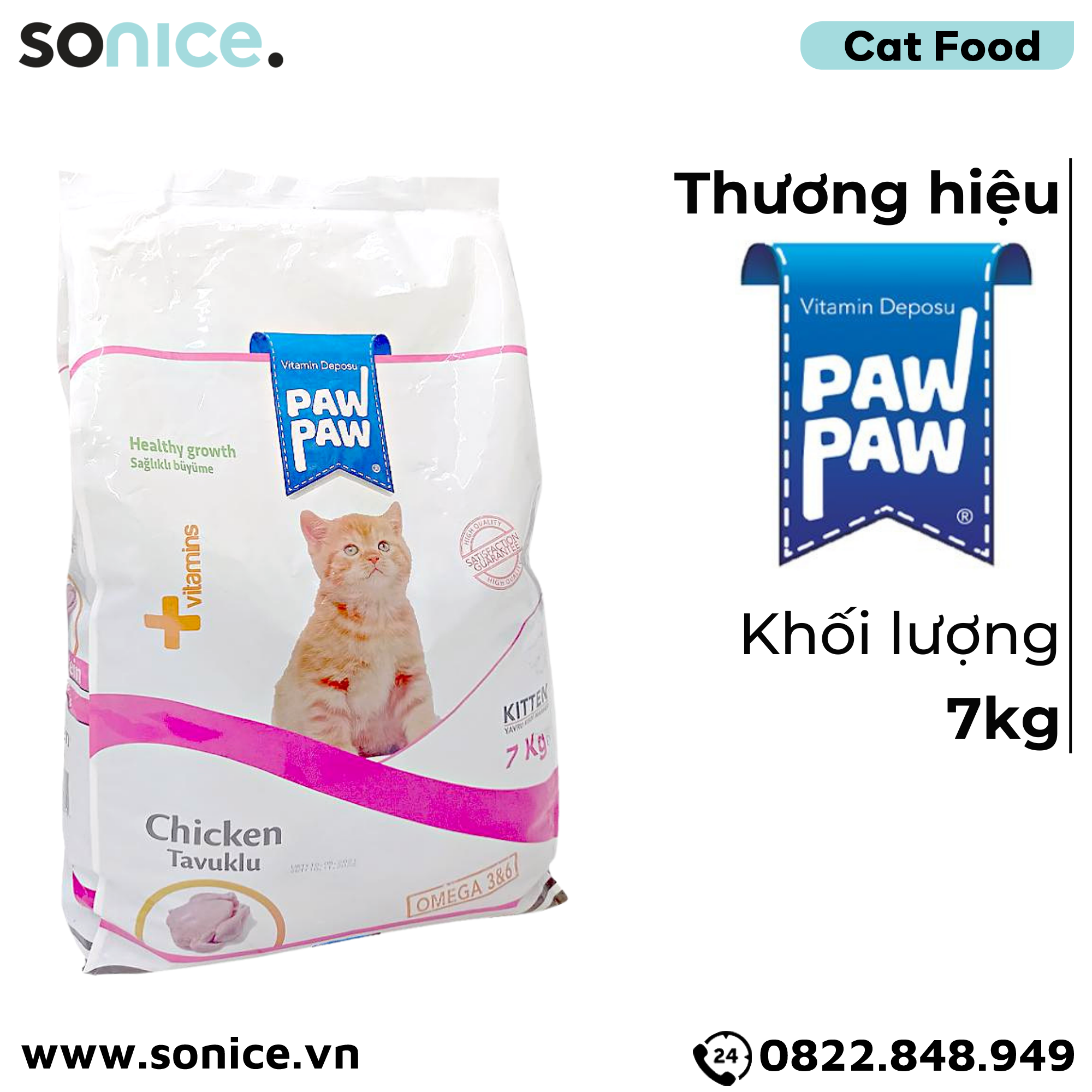 Thức ăn mèo Paw Paw Healthy Growth Kitten Chicken 7kg - Thịt gà - Bổ sung dưỡng chất cho mèo con SONICE.
