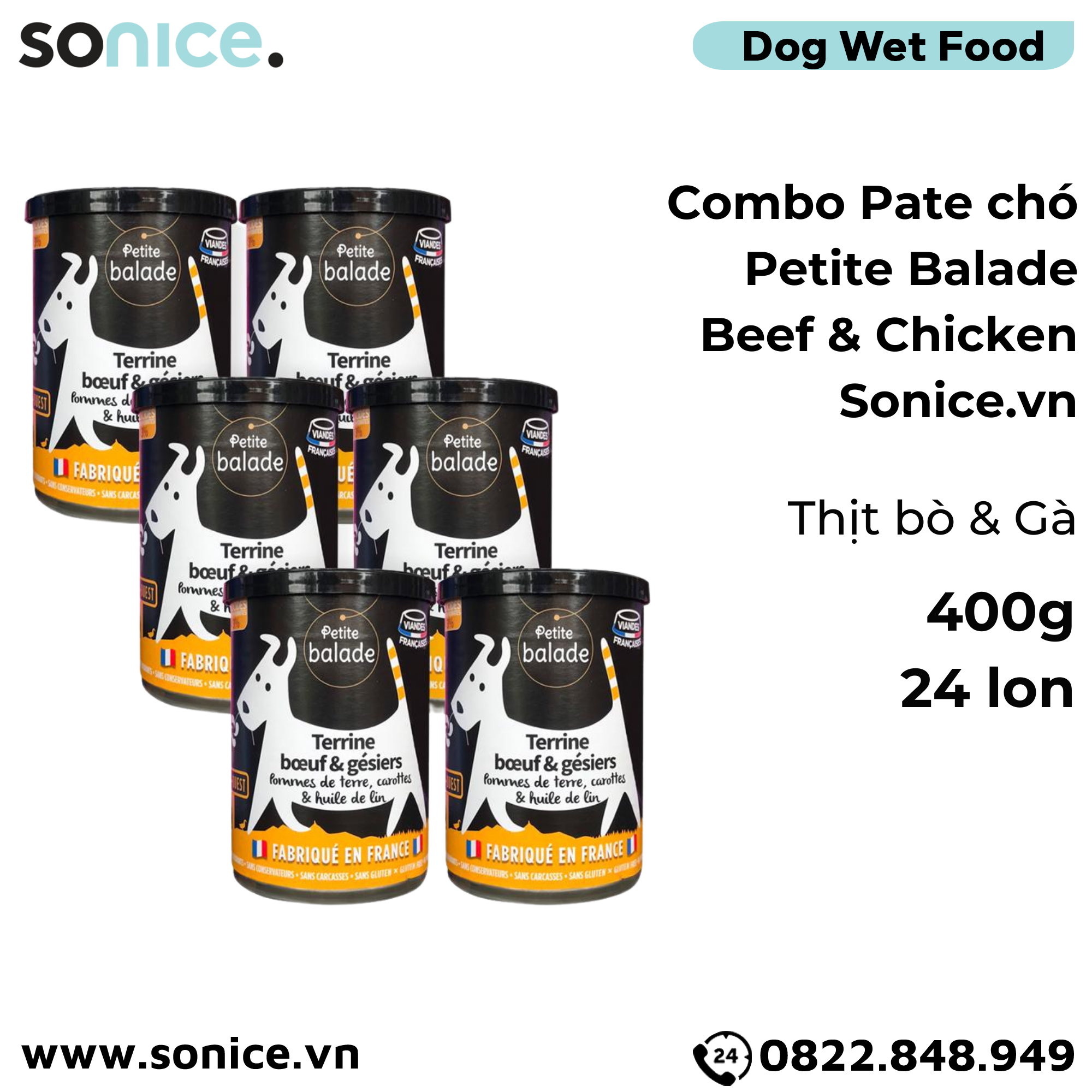  Combo Pate chó Petite Balade Beef & Chicken 400g - 24 lon - Thịt bò và gà SONICE. 