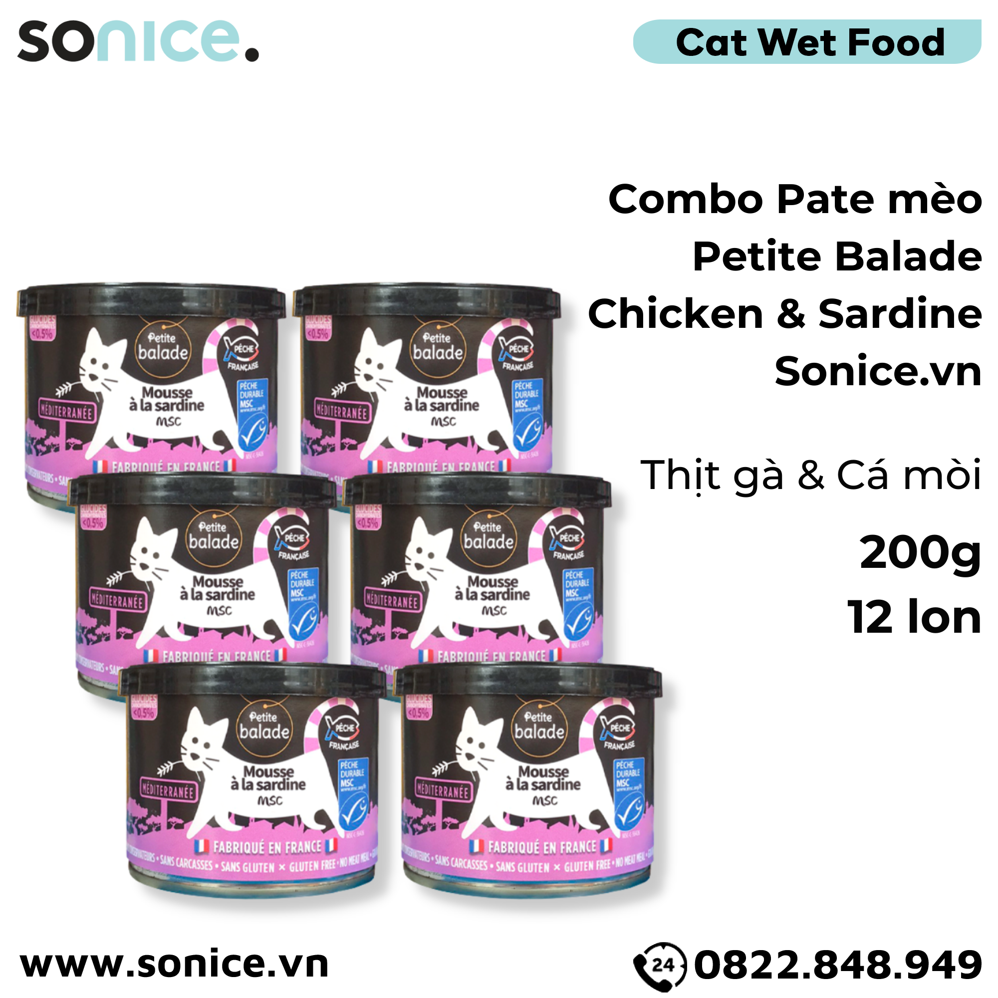 Combo Pate mèo Petite Balade Chicken & Sardine 200g - 12 lon - Thịt gà và Cá mòi SONICE.