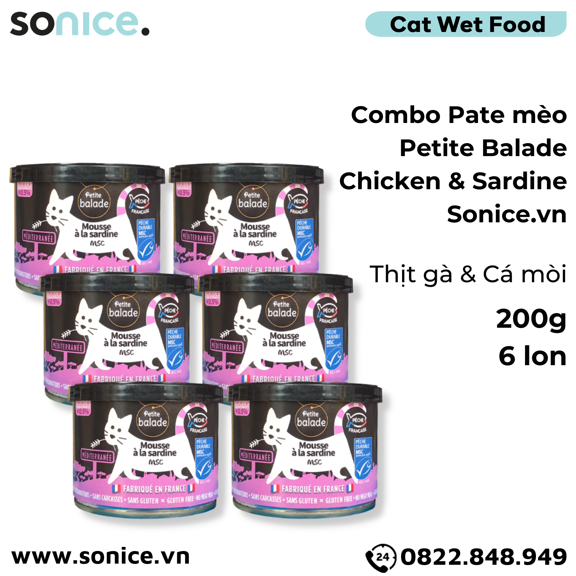 Combo Pate mèo Petite Balade Chicken & Sardine 200g - 6 lon - Thịt gà và Cá mòi SONICE.