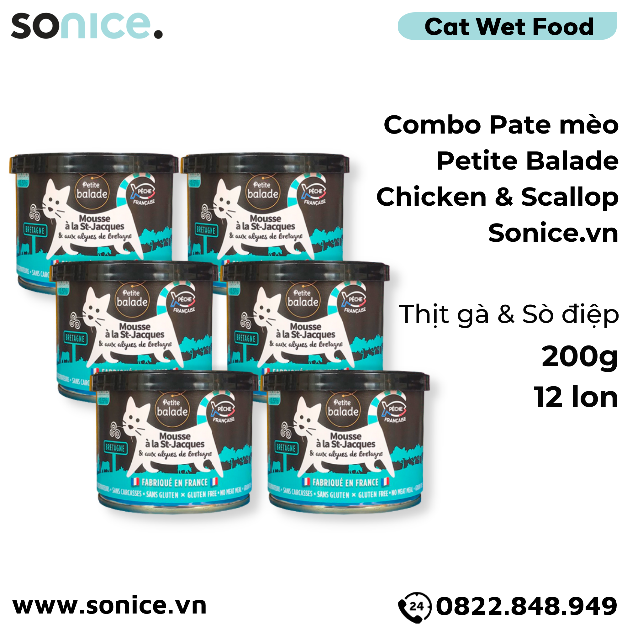 Combo Pate mèo Petite Balade Chicken & Scallop 200g - 12 lon - Thịt gà và sò điệp SONICE.