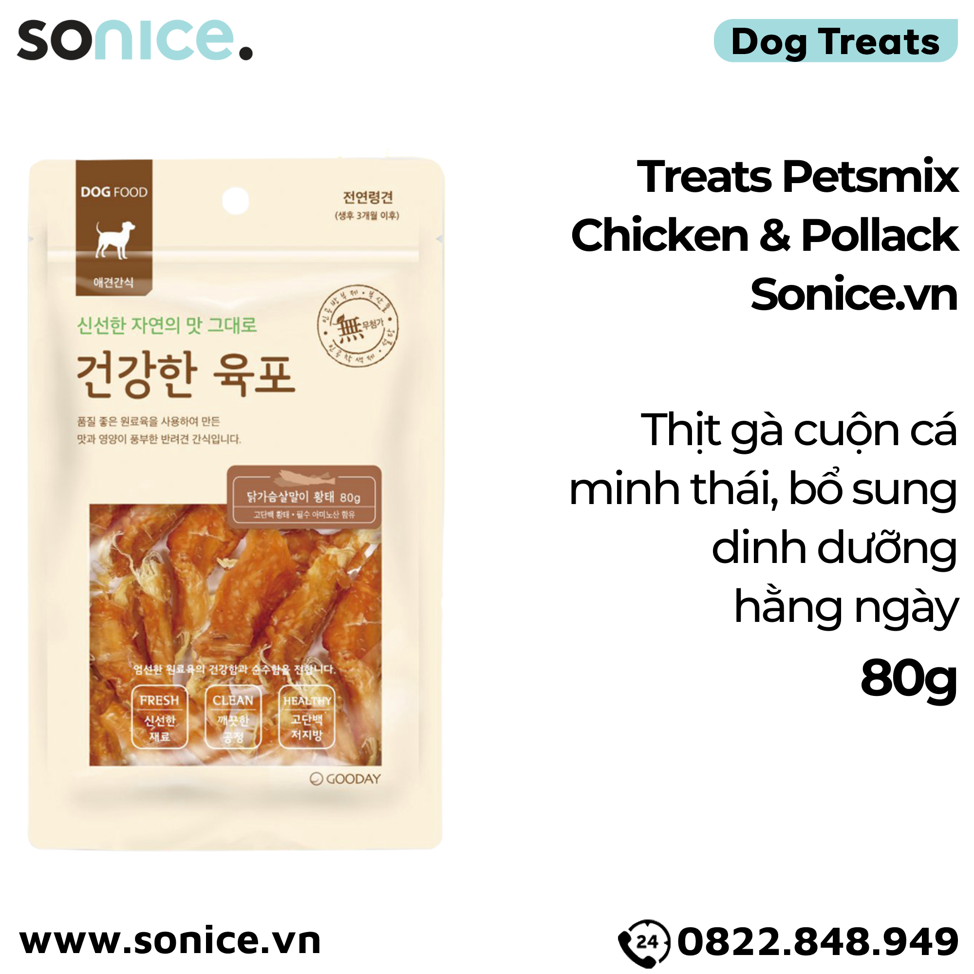 Treats Petsmix Chicken & Pollack 80g - Thịt gà cuộn cá minh thái, bổ sung dinh dưỡng hằng ngày SONICE.
