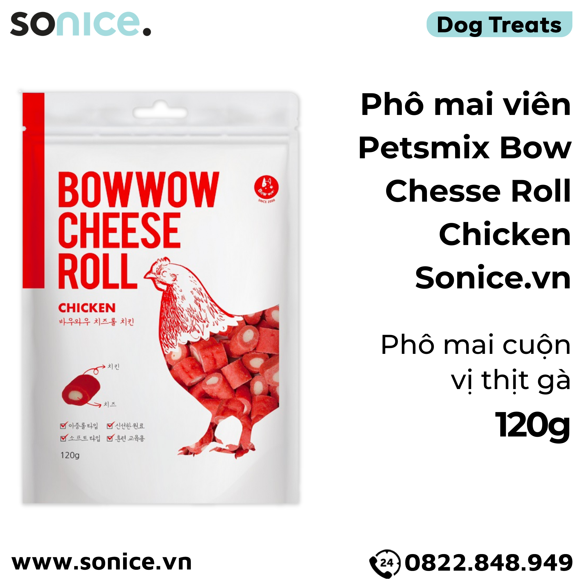 Phô mai viên Petsmix Bow Chesse Roll Chicken 120g - Phô mai cuộn gà SONICE.
