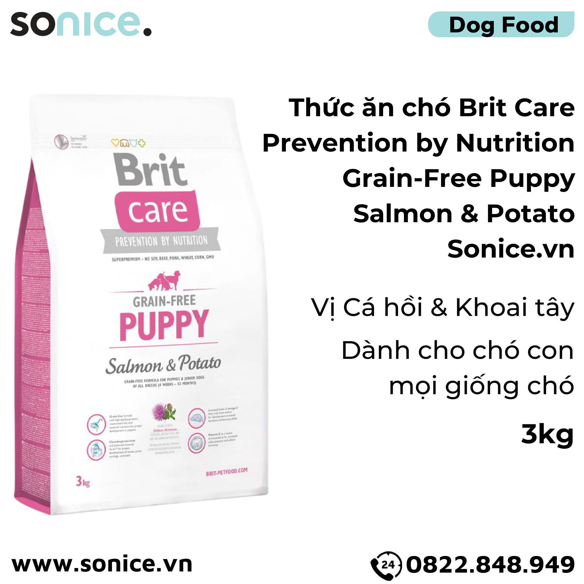 Thức ăn chó Brit Care Prevention by Nutrition Grain-Free Puppy Salmon & Potato 3kg - Dành cho chó con mọi giống chó vị Cá hồi và Khoai tây SONICE..