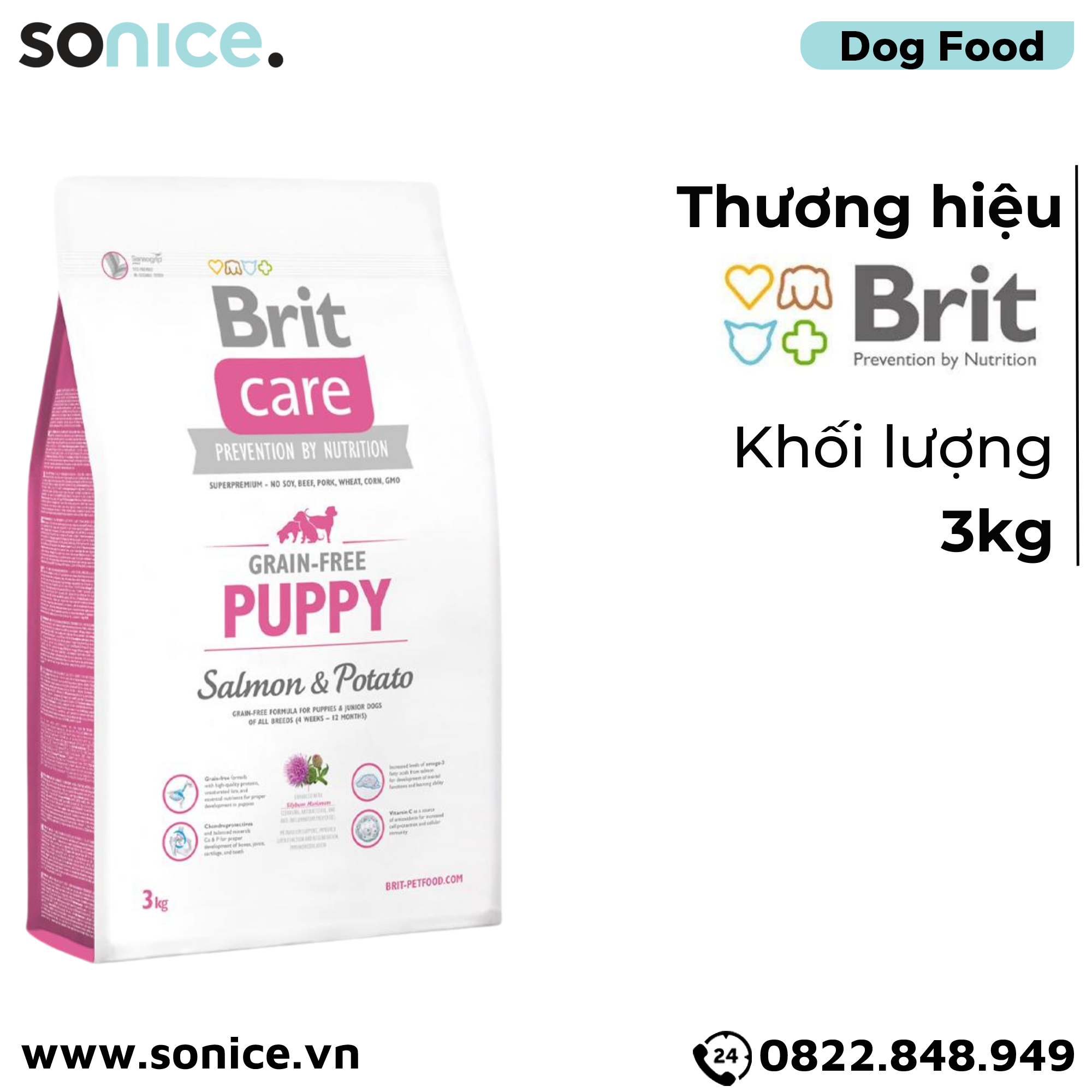 Thức ăn chó Brit Care Prevention by Nutrition Grain-Free Puppy Salmon & Potato 3kg - Dành cho chó con mọi giống chó vị Cá hồi và Khoai tây SONICE..