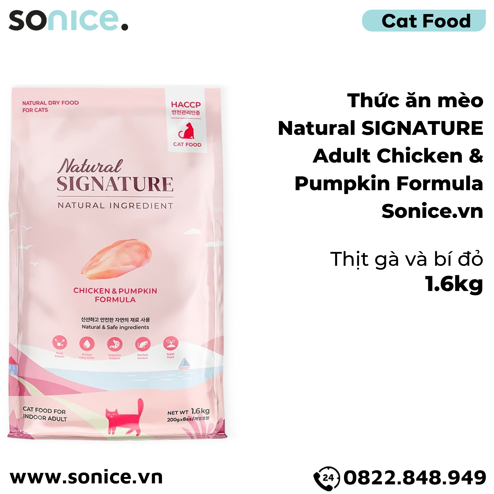 Thức ăn mèo Natural SIGNATURE Adult Chicken & Pumpkin Formula 1.6kg - Thịt gà và bí đỏ SONICE.