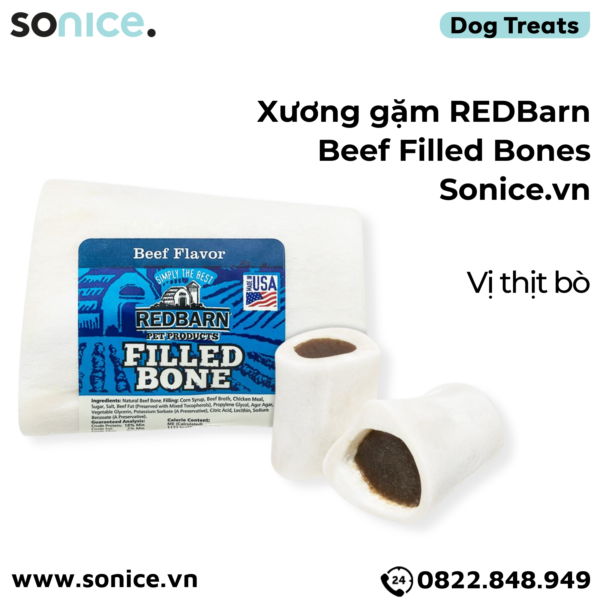 Xương gặm REDBarn Beef Filled Bones - vị thịt bò SONICE.