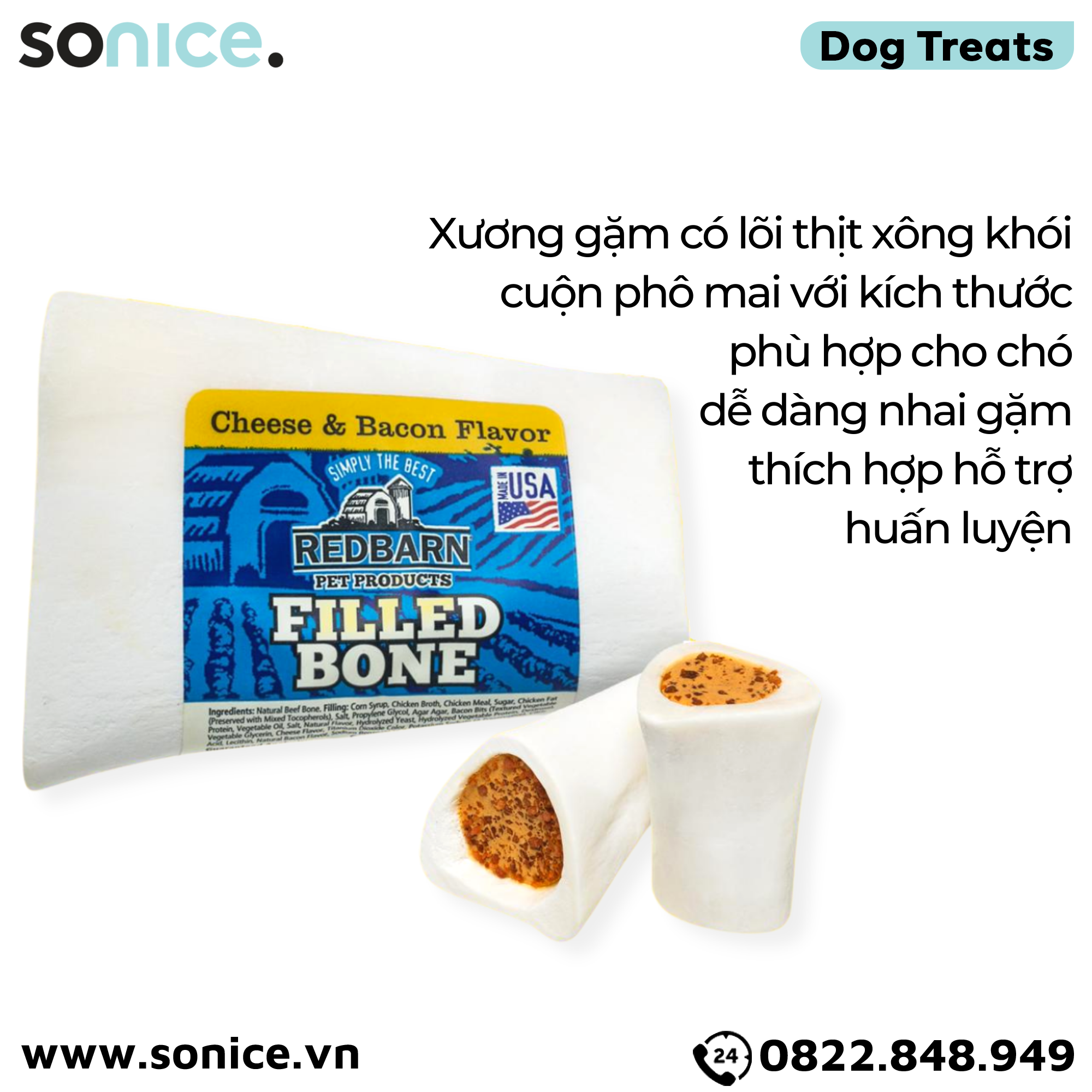 Xương gặm REDBarn Cheese Bacon Filled Bones - vị thịt xông khói & phô mai SONICE.
