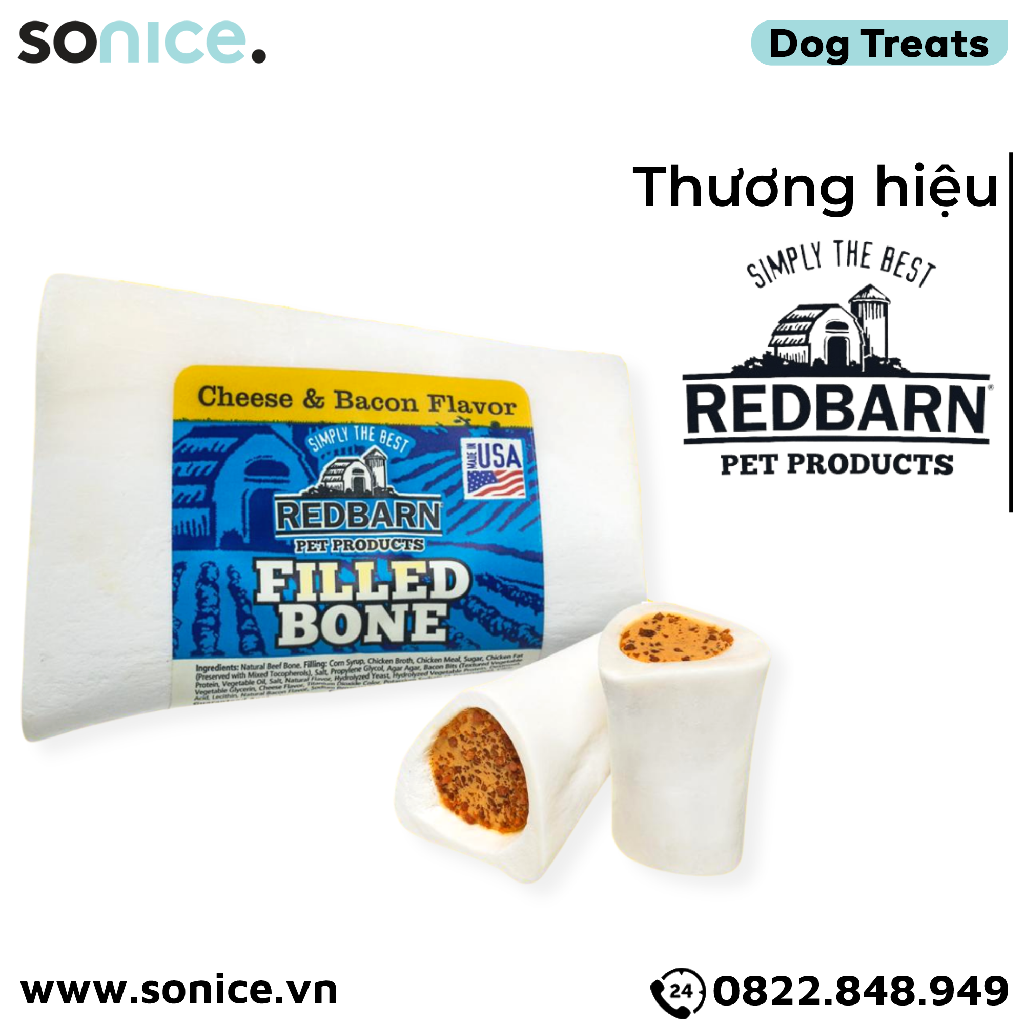 Xương gặm REDBarn Cheese Bacon Filled Bones - vị thịt xông khói & phô mai SONICE.