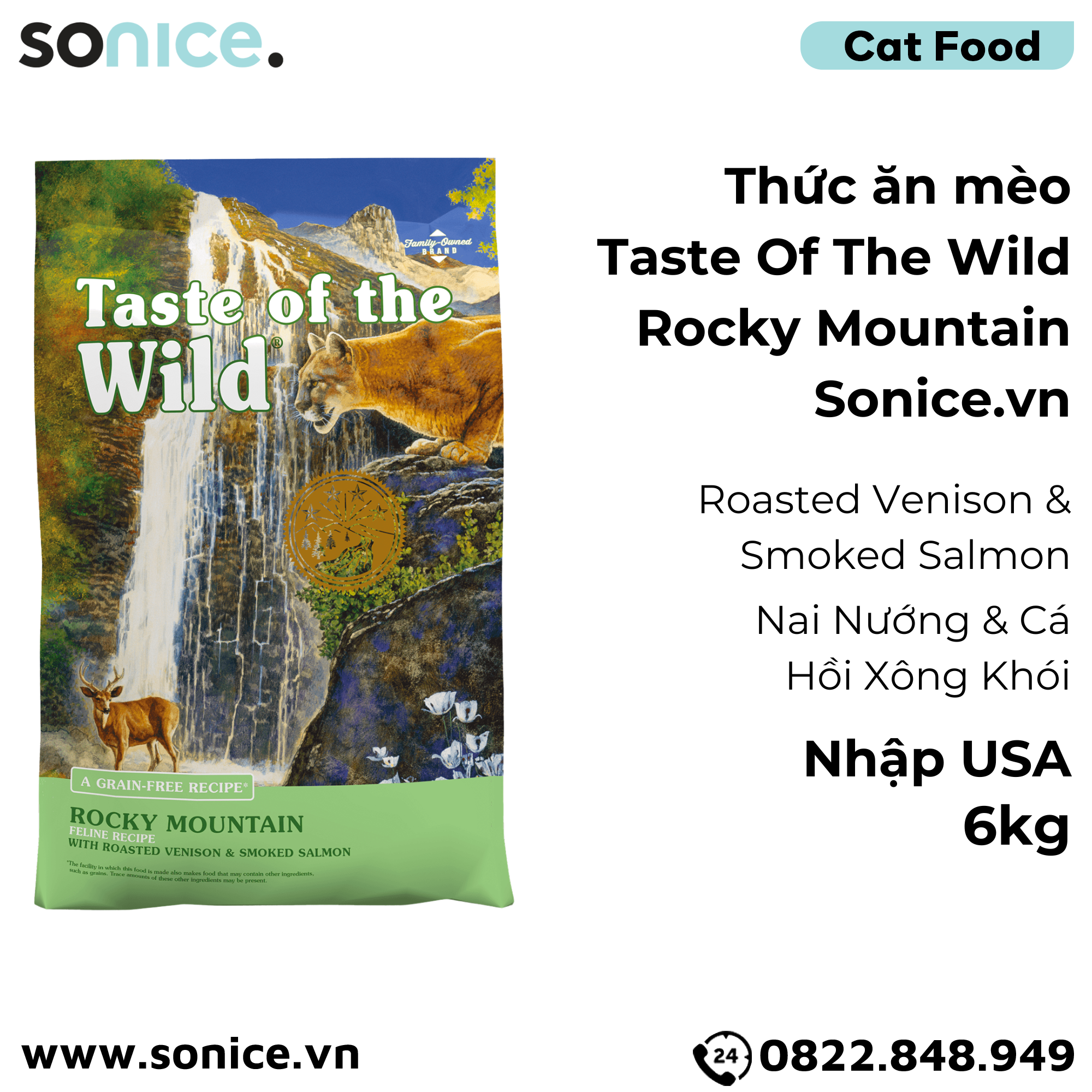 Thức ăn mèo Taste Of The Wild Rocky Mountain 6kg - Roasted Venison & Smoked Salmon, Nai Nướng & Cá Hồi Xông Khói - mèo mẹ & mèo con, nhập USA SONICE.