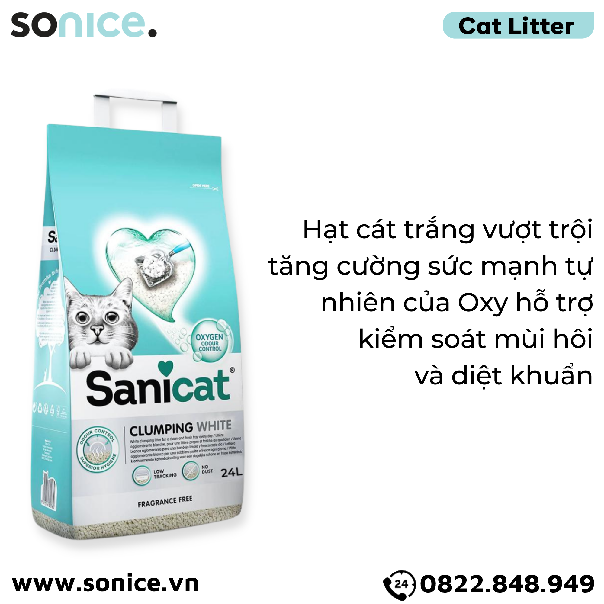 Cát vệ sinh Sanicat Clumping White Litter Oxygen Odour Control 24L - Vón cục và diệt khuẩn SONICE.
