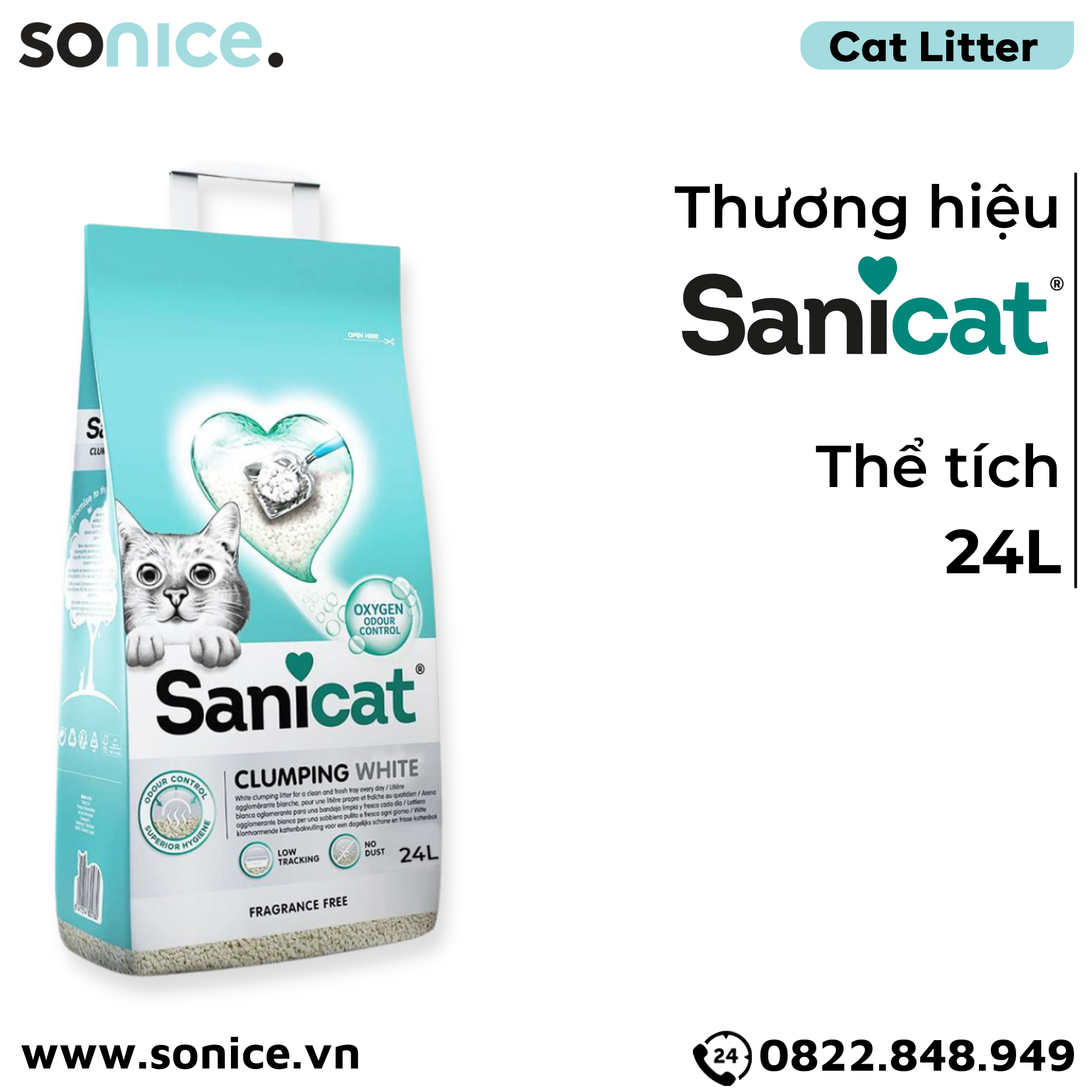 Cát vệ sinh Sanicat Clumping White Litter Oxygen Odour Control 24L - Vón cục và diệt khuẩn SONICE.