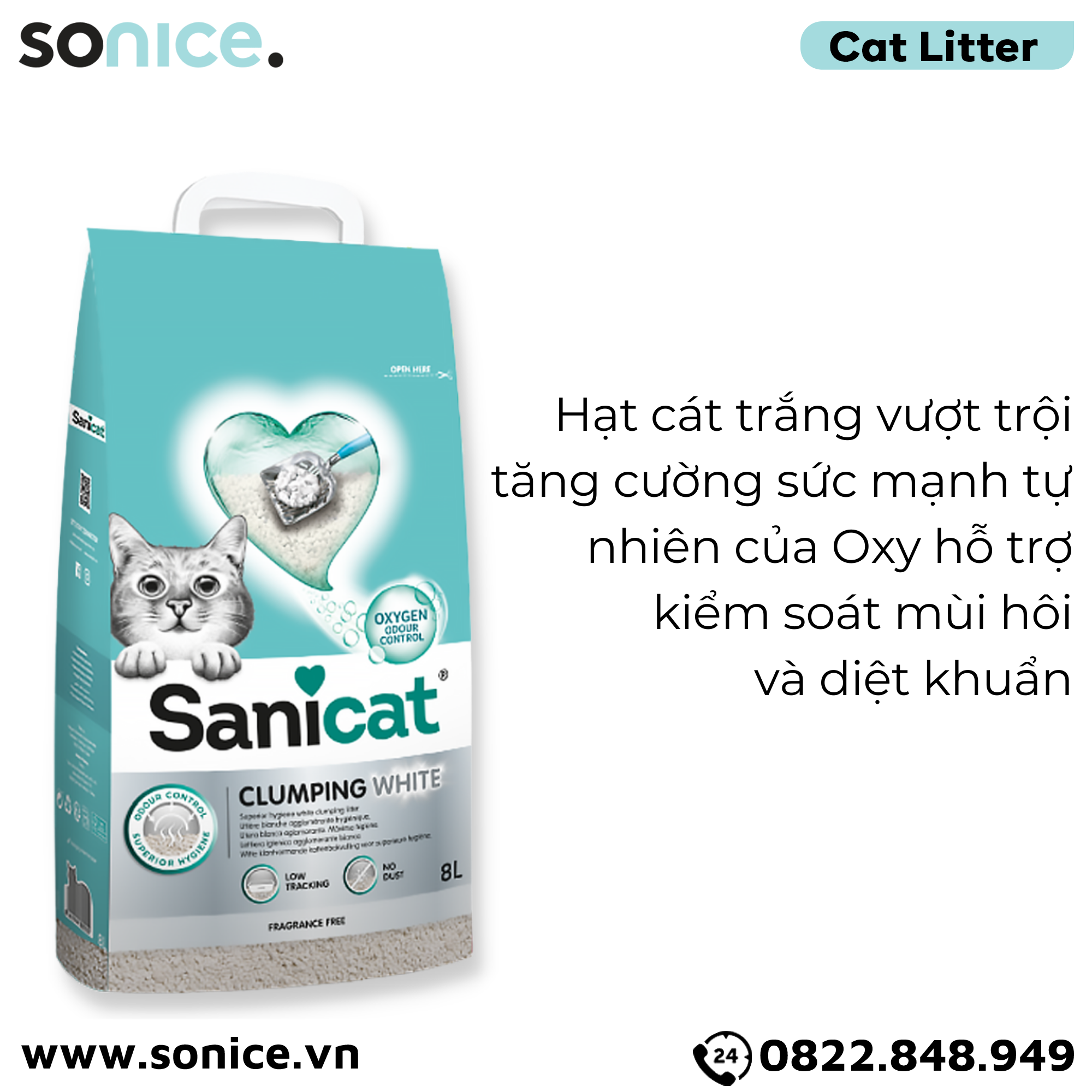 Cát vệ sinh Sanicat Clumping White Litter Oxygen Odour Control 8L - Vón cục và diệt khuẩn SONICE.