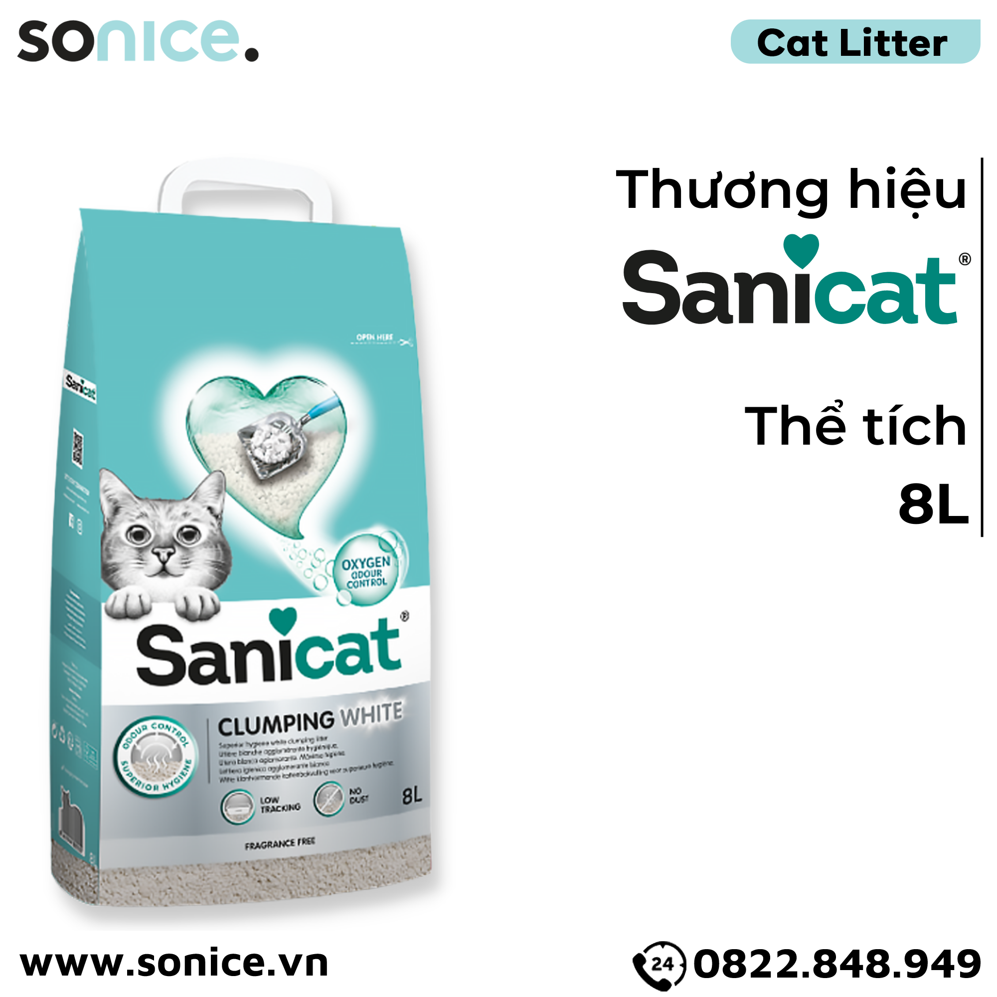 Cát vệ sinh Sanicat Clumping White Litter Oxygen Odour Control 8L - Vón cục và diệt khuẩn SONICE.