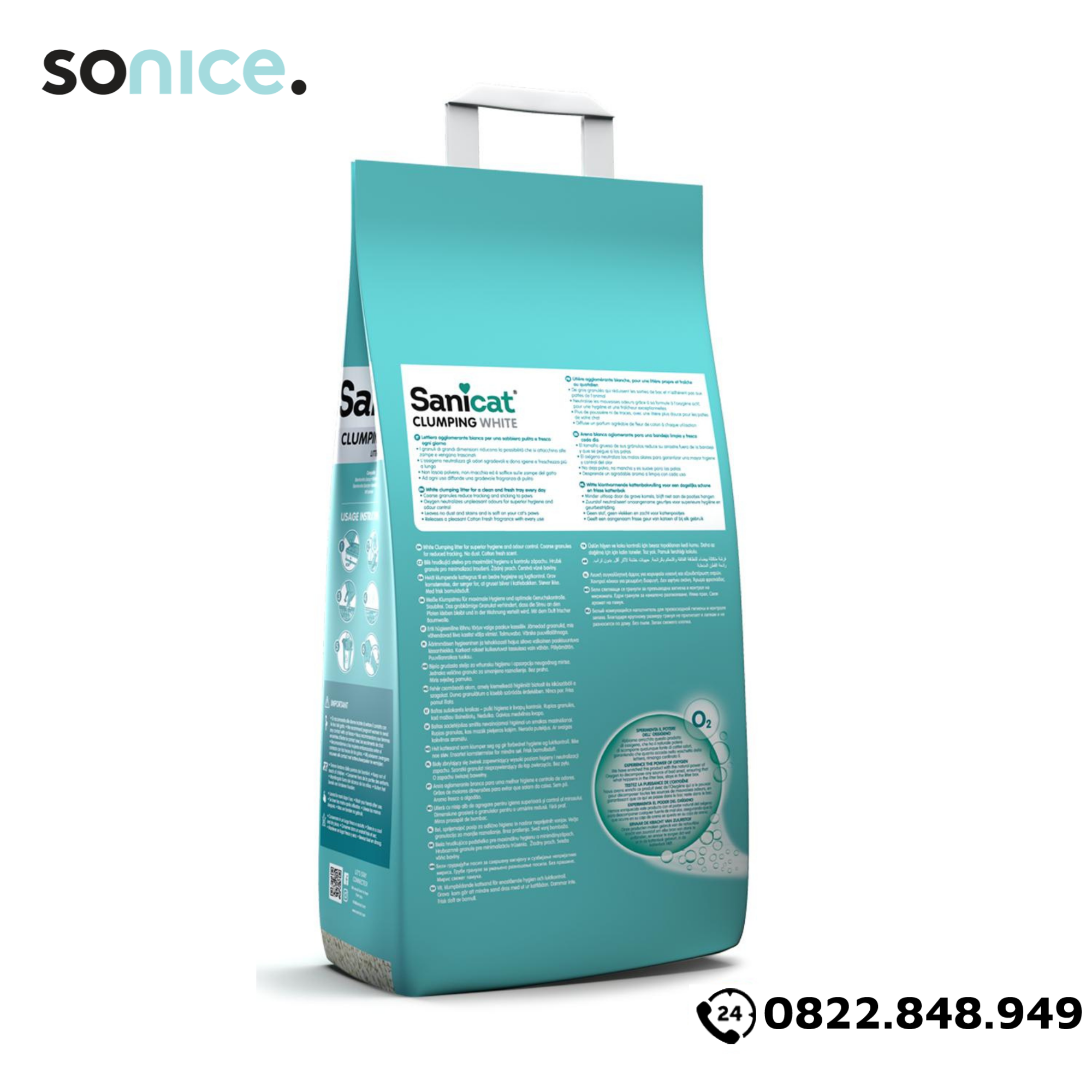 Cát vệ sinh Sanicat Clumping White Litter Oxygen Odour Control 8L - Vón cục và diệt khuẩn SONICE.