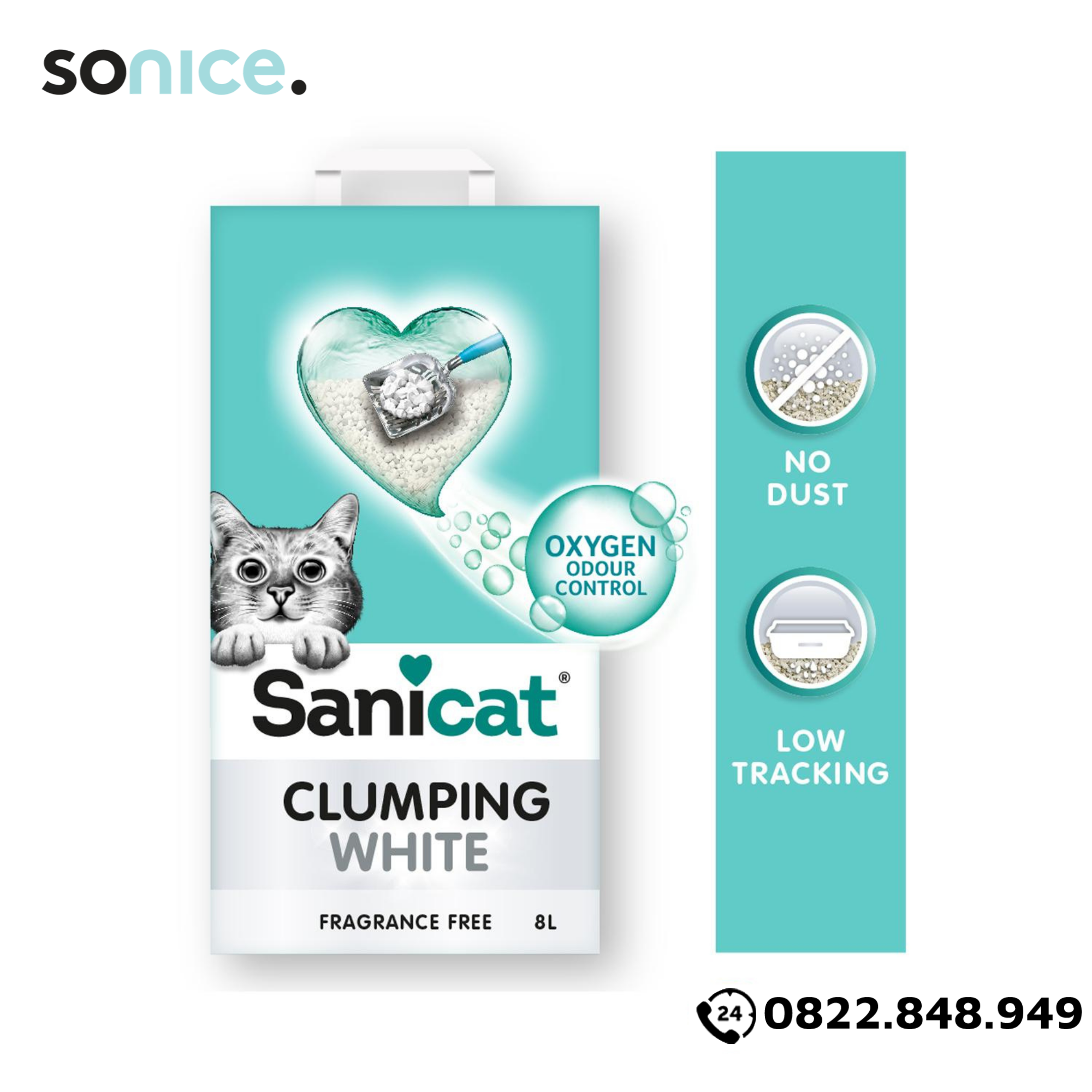 Cát vệ sinh Sanicat Clumping White Litter Oxygen Odour Control 8L - Vón cục và diệt khuẩn SONICE.