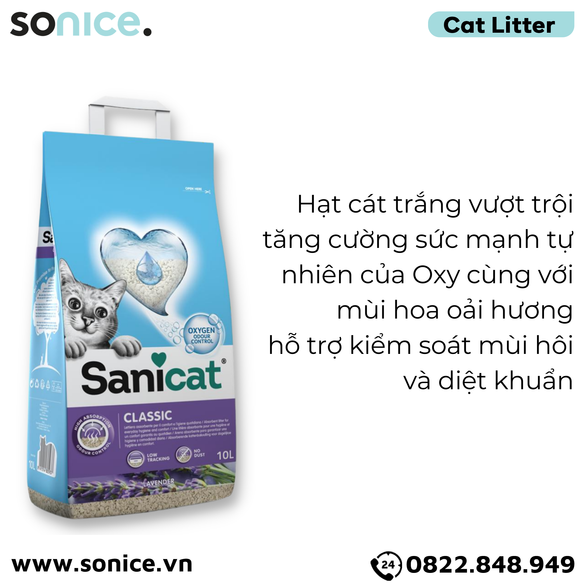  Cát vệ sinh Sanicat Classic Litter Oxygen Odour Control Lavender 10L - Hương Oải hương SONICE. 