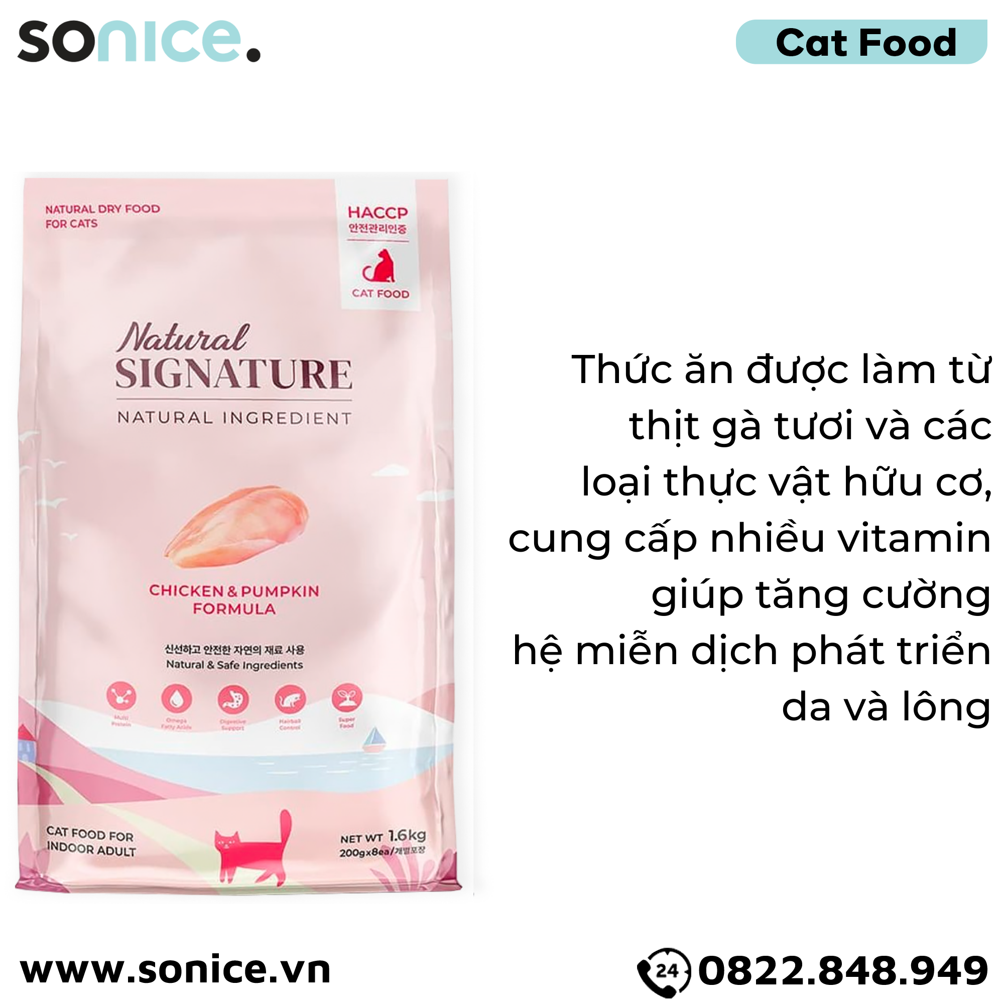 Thức ăn mèo Natural SIGNATURE Adult Chicken & Pumpkin Formula 1.6kg - Thịt gà và bí đỏ SONICE.