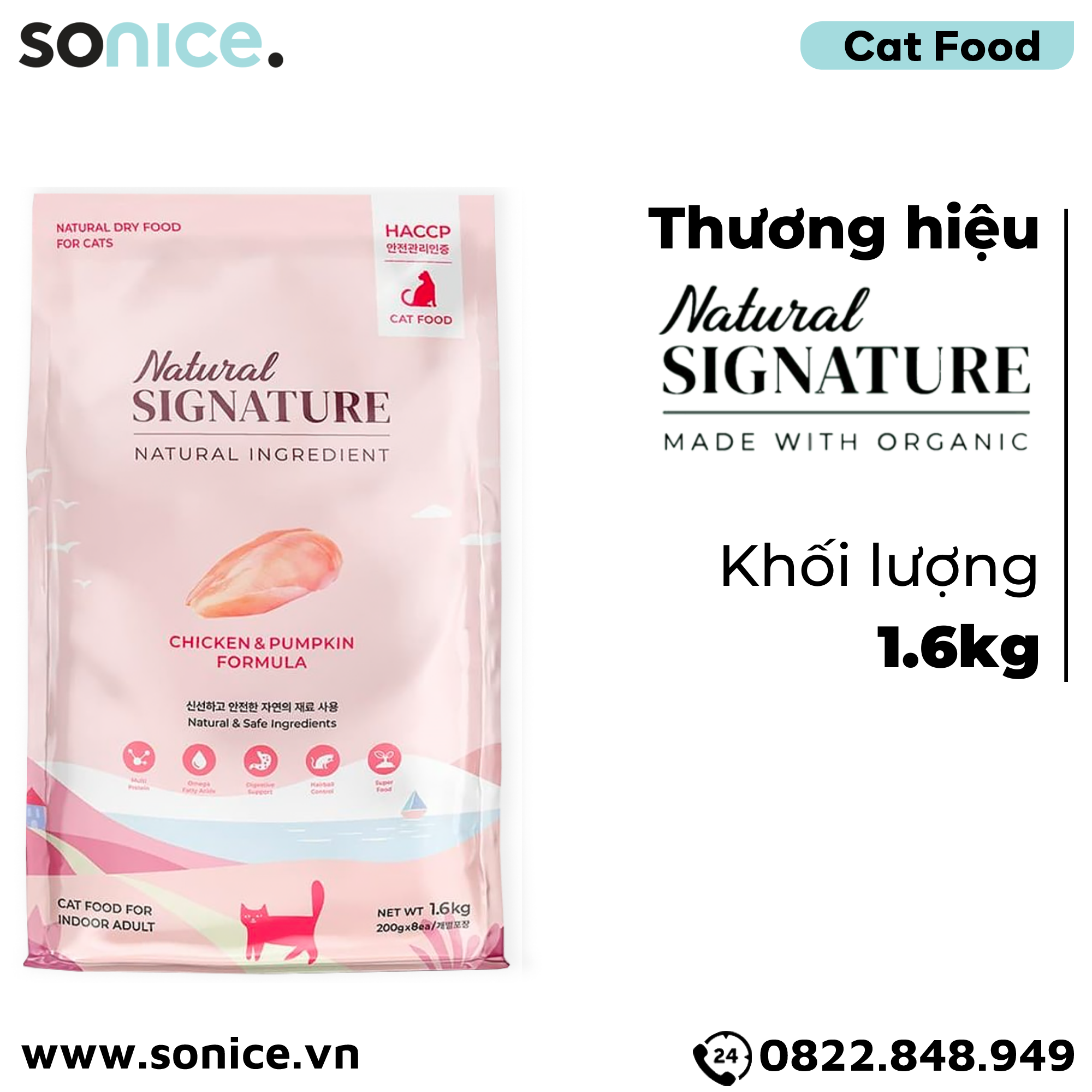 Thức ăn mèo Natural SIGNATURE Adult Chicken & Pumpkin Formula 1.6kg - Thịt gà và bí đỏ SONICE.