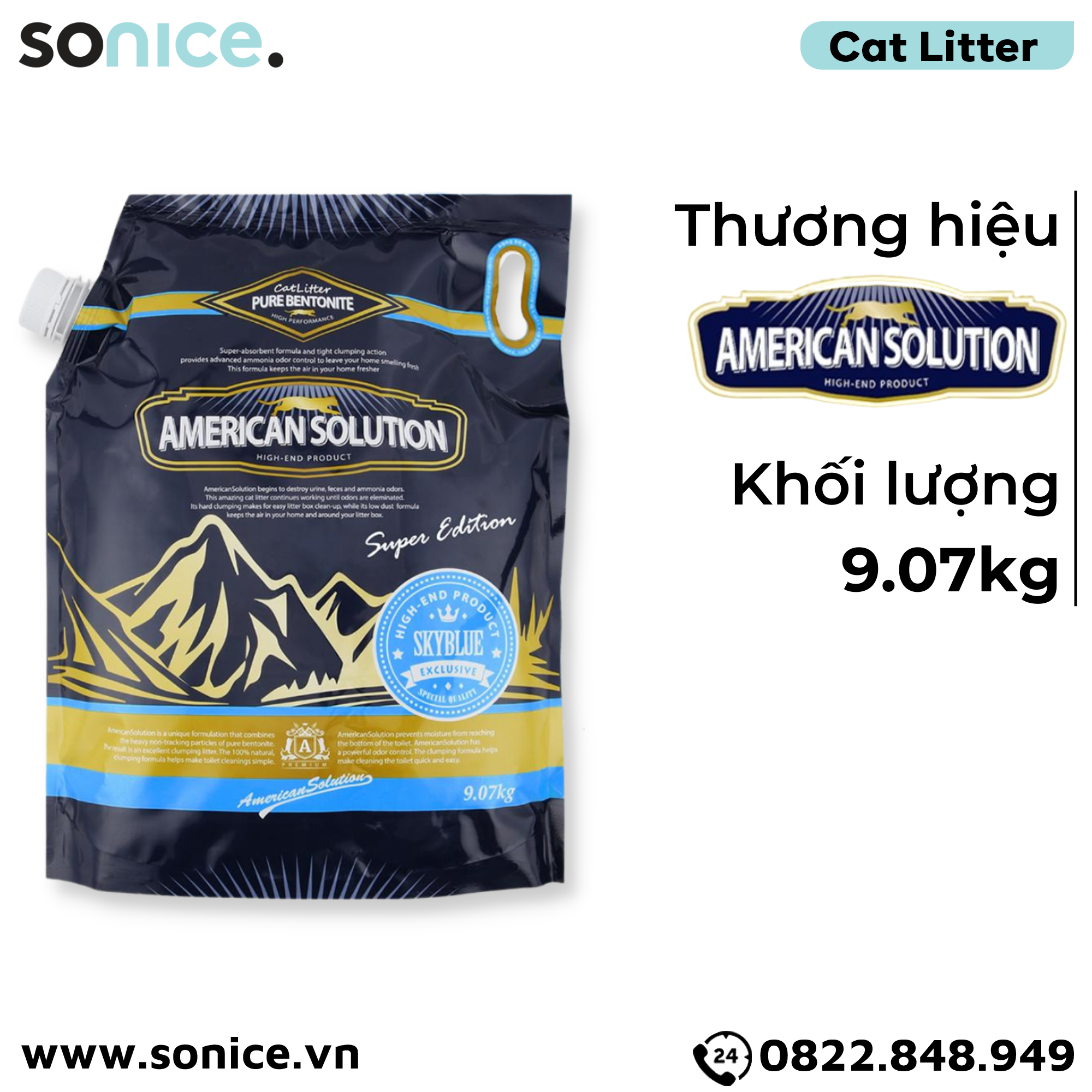 Cát vệ sinh American Solution Sky Blue 9kg - mùi hương thơm mát SONICE.