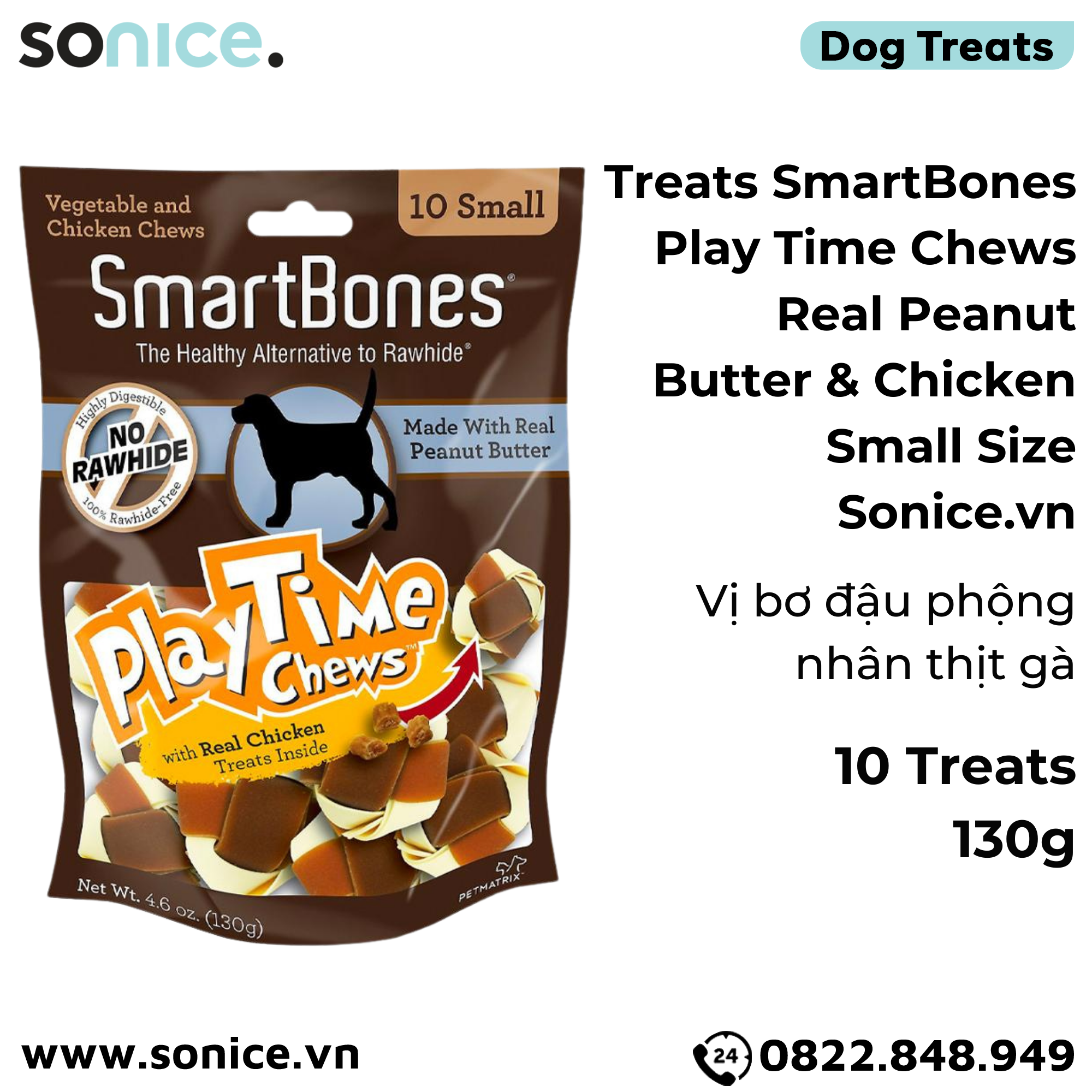 Treats SmartBones Play Time Chews Real Peanut Butter & Chicken Small size 130g - 10 treats - Vị bơ đậu phộng, có lõi thịt gà bên trong SONICE.