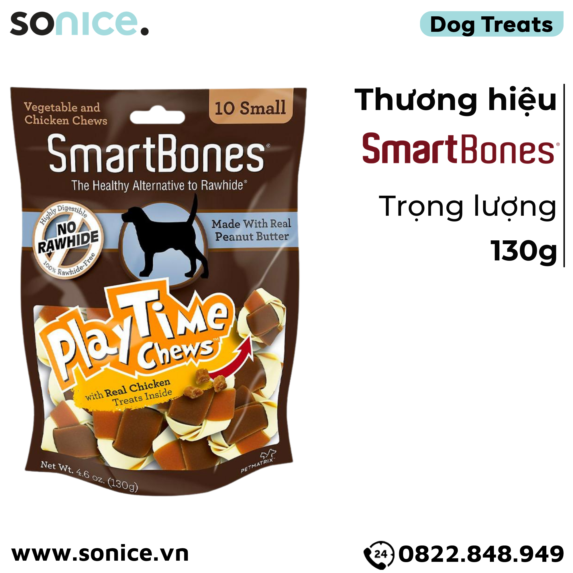 Treats SmartBones Play Time Chews Real Peanut Butter & Chicken Small size 130g - 10 treats - Vị bơ đậu phộng, có lõi thịt gà bên trong SONICE.