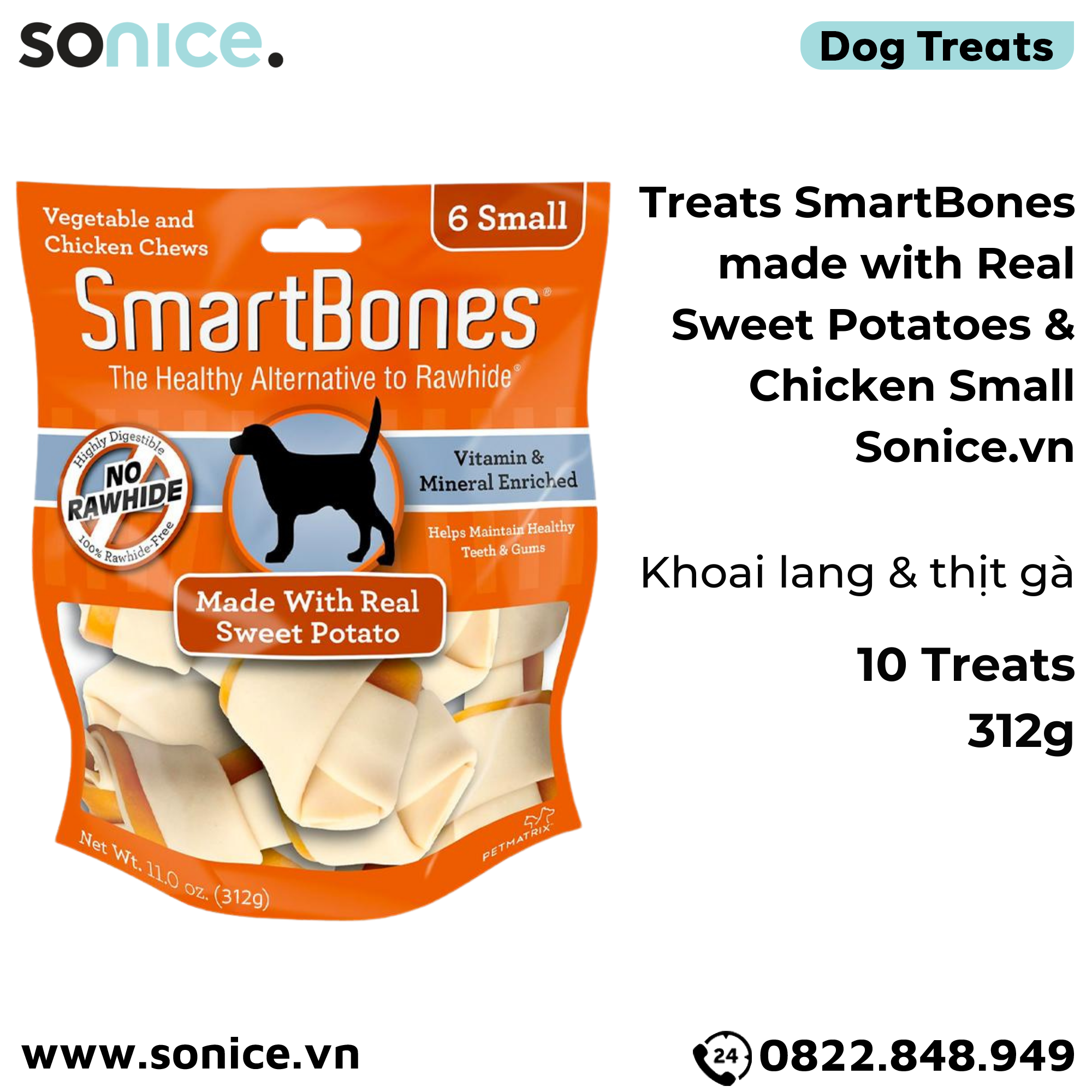 Treats SmartBones made with Real Sweet Potatoes & Chicken Small 312g - 10 khúc xương gặm khoai lang và thịt gà SONICE.