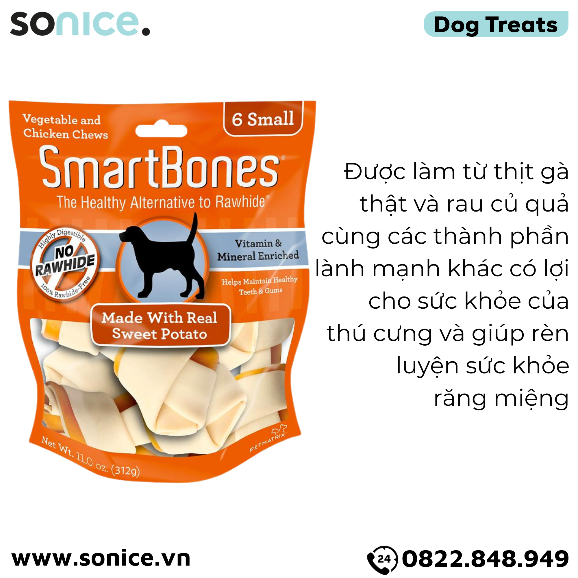 Treats SmartBones made with Real Sweet Potatoes & Chicken Small 312g - 10 khúc xương gặm khoai lang và thịt gà SONICE.