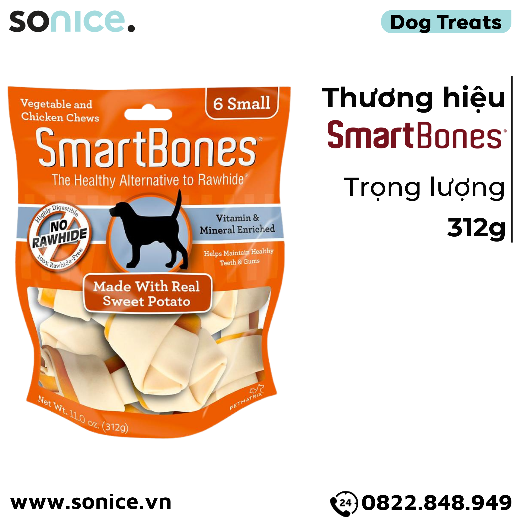 Treats SmartBones made with Real Sweet Potatoes & Chicken Small 312g - 10 khúc xương gặm khoai lang và thịt gà SONICE.