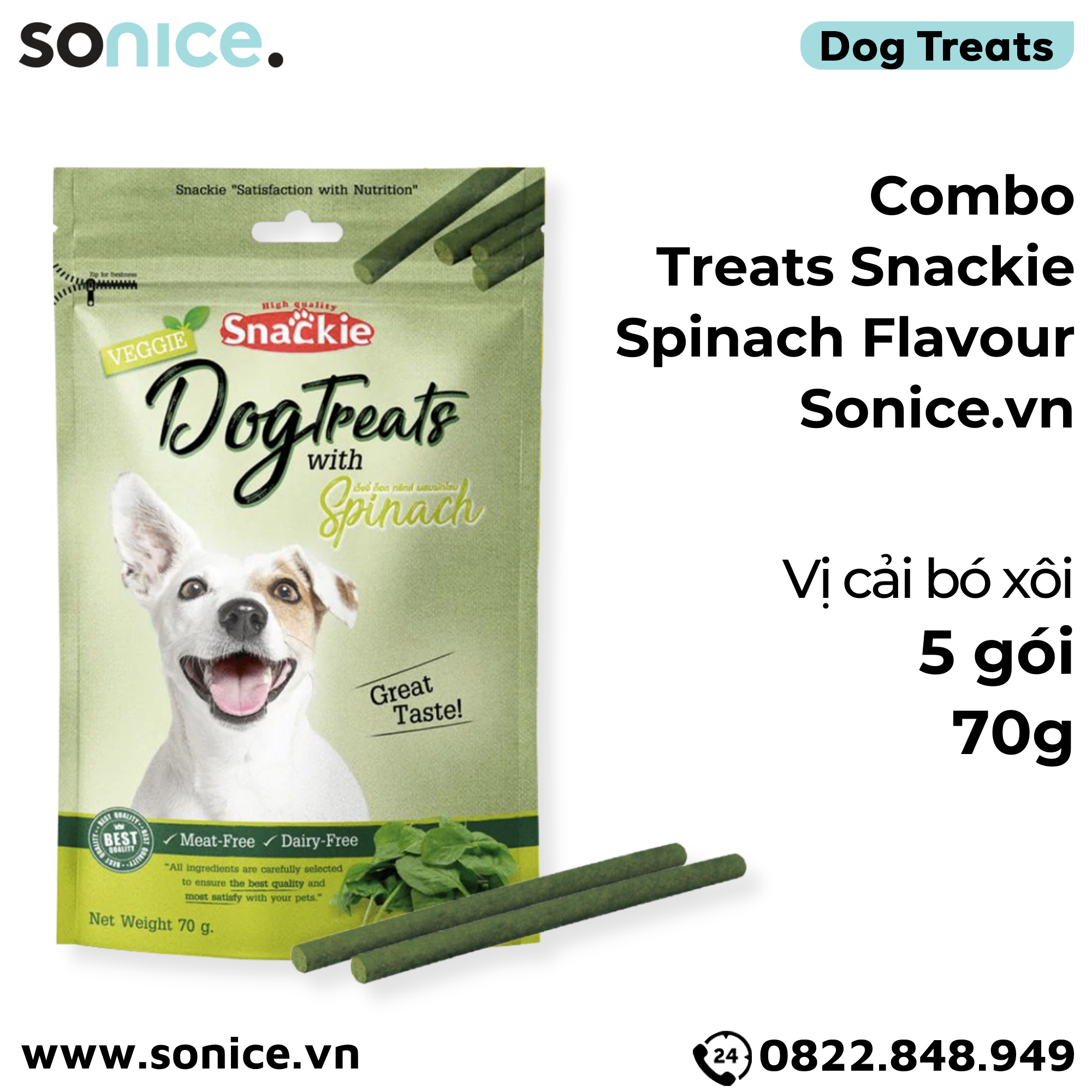 Combo Treats Snackie Spinach Flavour 70g - 5 gói- vị cải bó xôi dog treats SONICE.