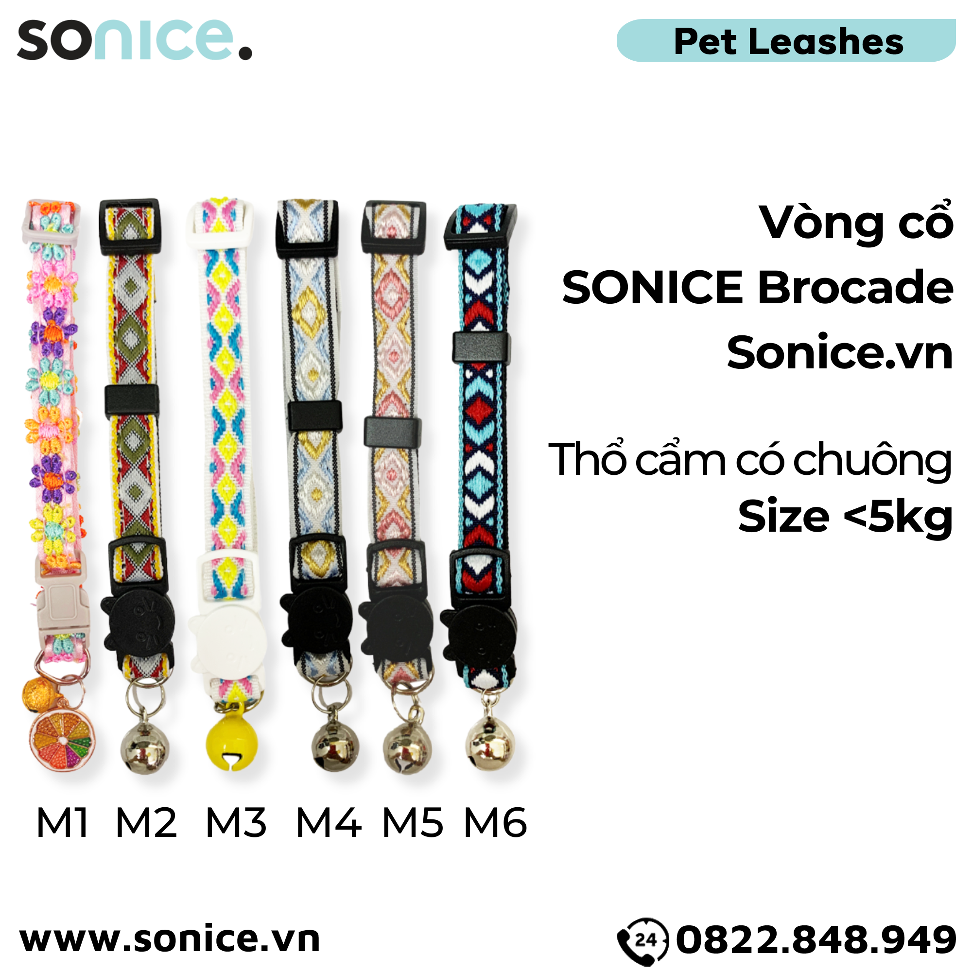 Vòng cổ SONICE Brocade size <5kg - Thổ cẩm có chuông SONICE.