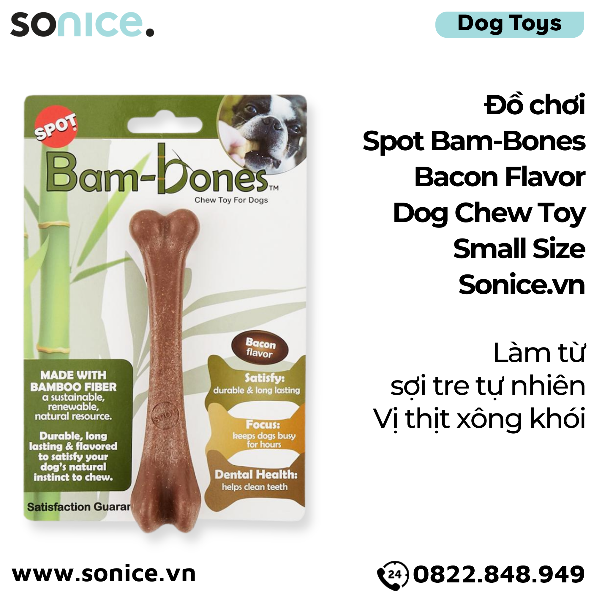 Đồ chơi Spot Bam-Bones Bacon Flavor Dog Chew Toy Small Size - Làm từ sợi tre tự nhiên, vị thịt xông khói SONICE.