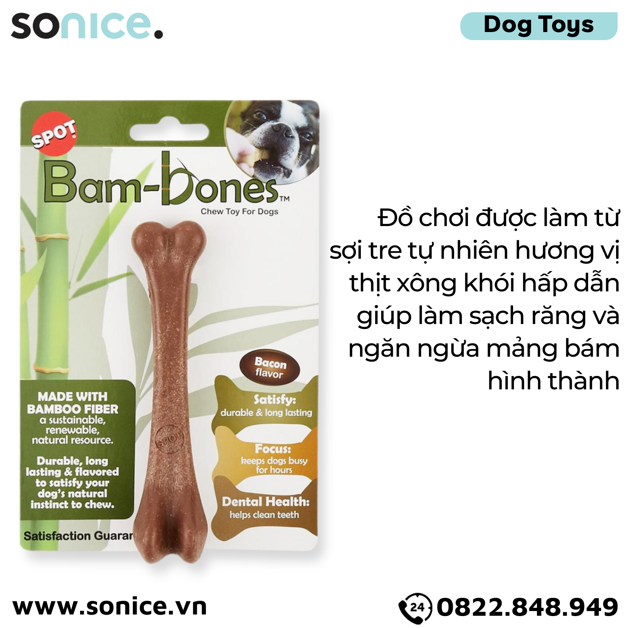 Đồ chơi Spot Bam-Bones Bacon Flavor Dog Chew Toy Small Size - Làm từ sợi tre tự nhiên, vị thịt xông khói SONICE.