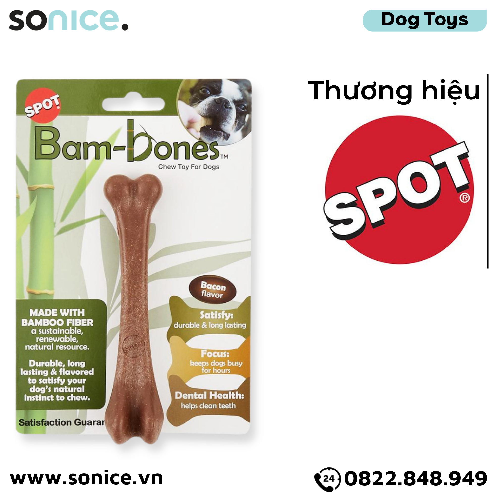 Đồ chơi Spot Bam-Bones Bacon Flavor Dog Chew Toy Small Size - Làm từ sợi tre tự nhiên, vị thịt xông khói SONICE.