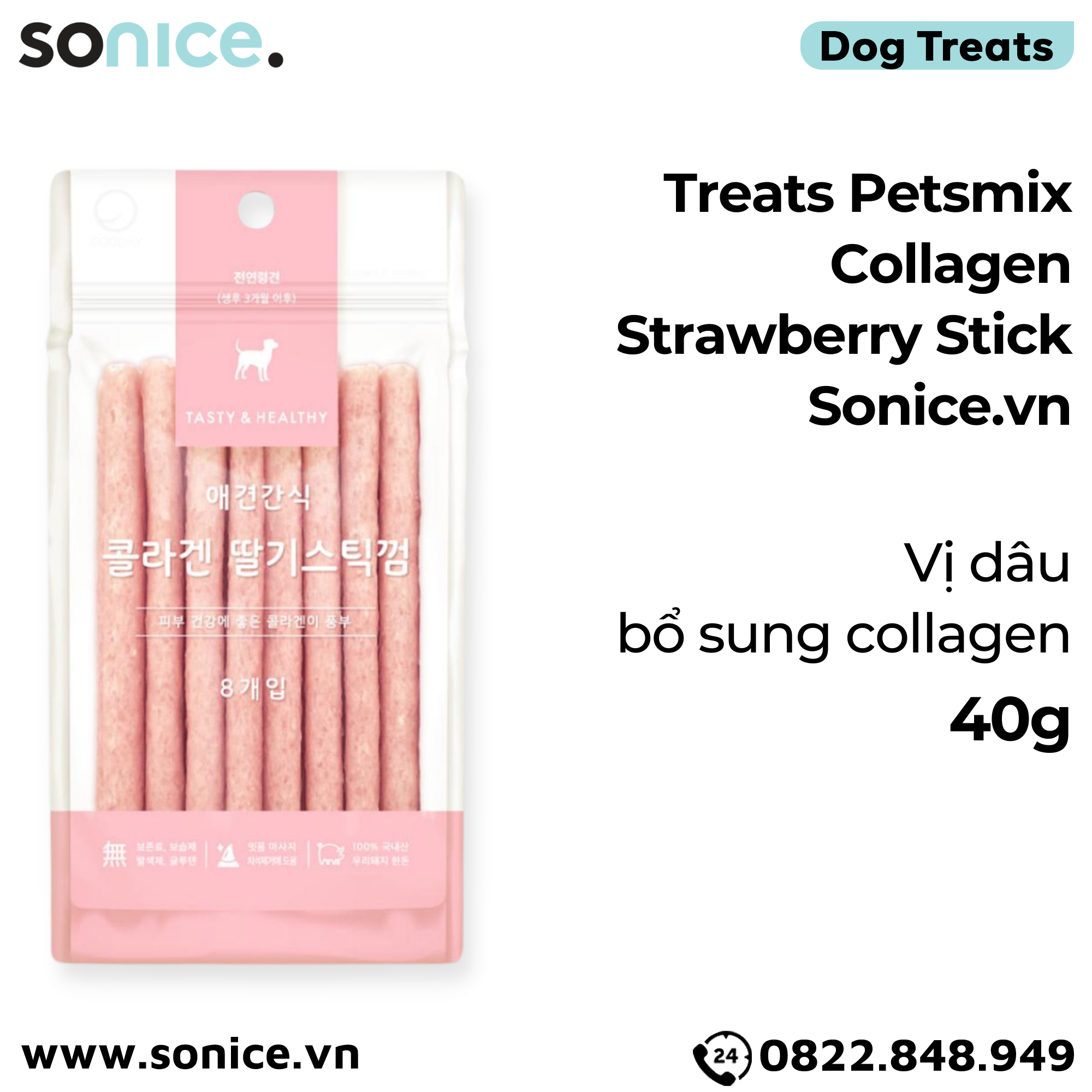 Treats Petsmix Collagen Strawberry Stick 40g - Vị dâu, bổ sung collagen SONICE.